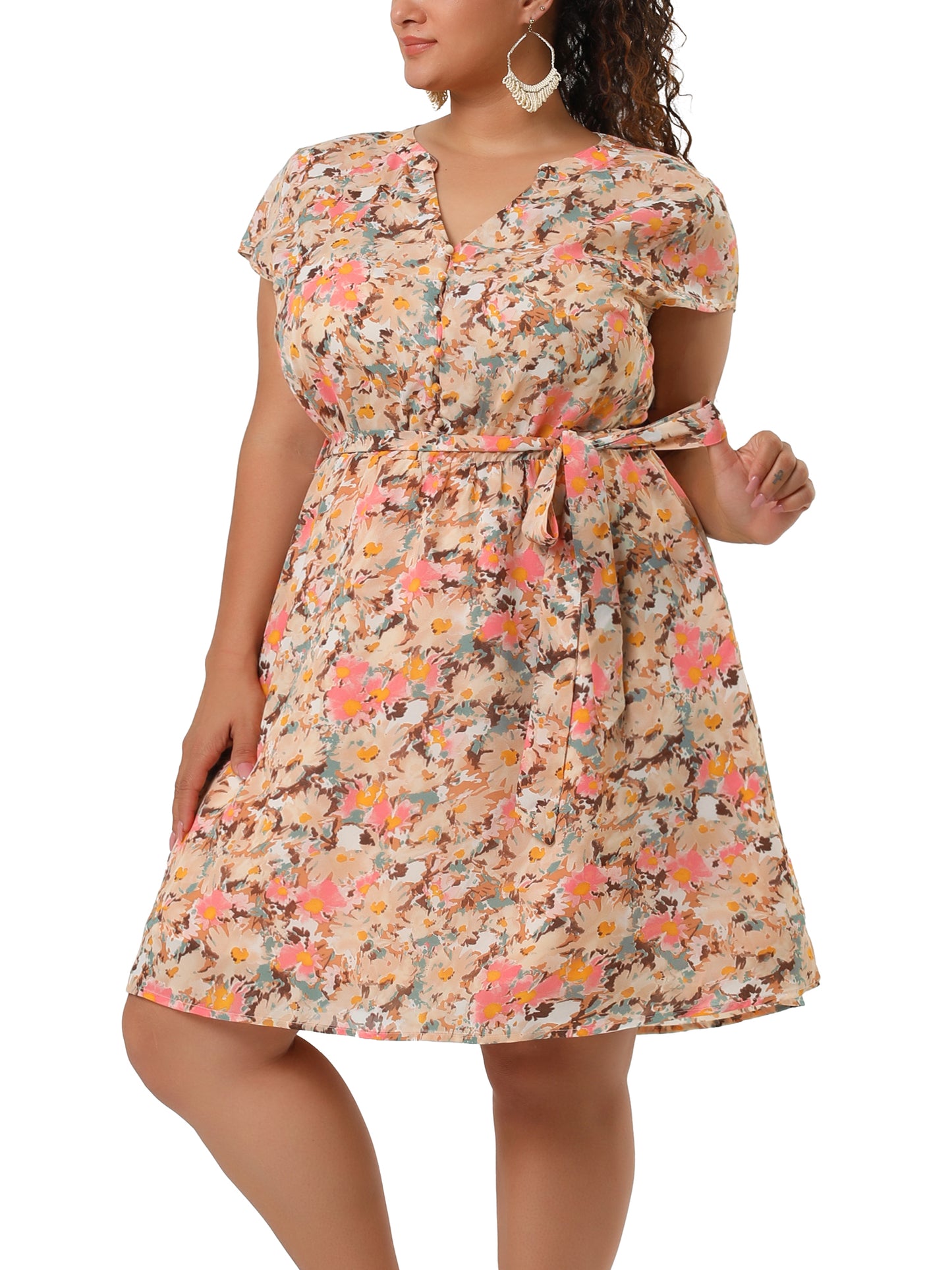Women's Plus Size V Neck Belted Summer Floral Dresses