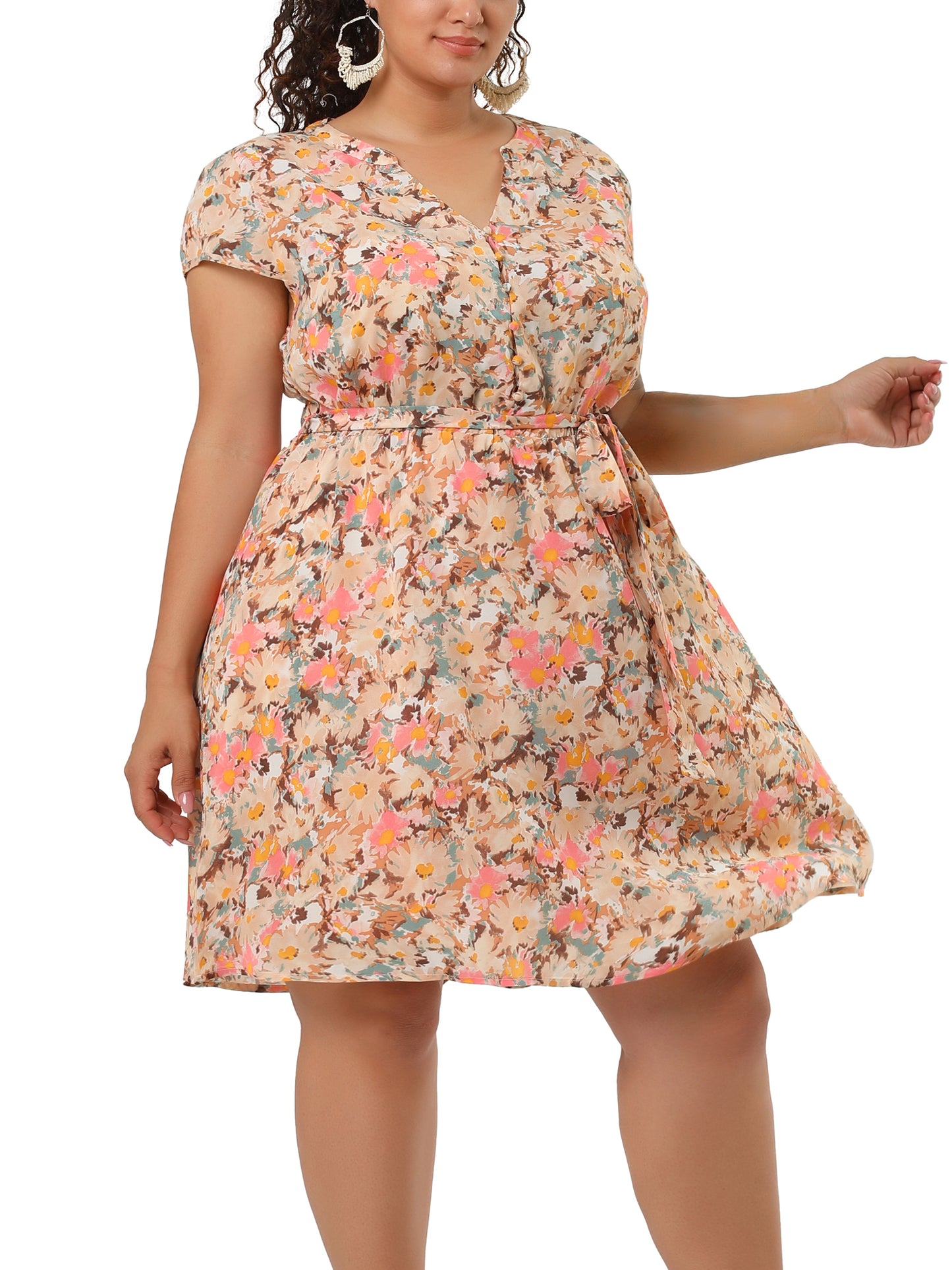Women's Plus Size V Neck Belted Summer Floral Dresses