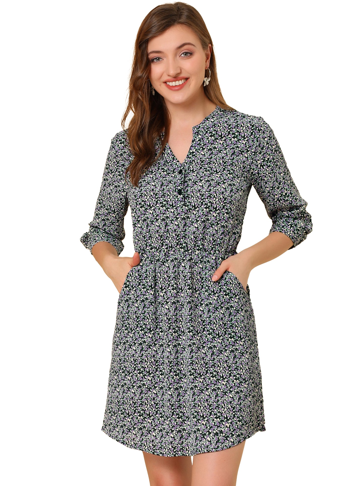 Women's Button-Up V Neck 3/4 Sleeves Floral Shirt Dress with Pockets