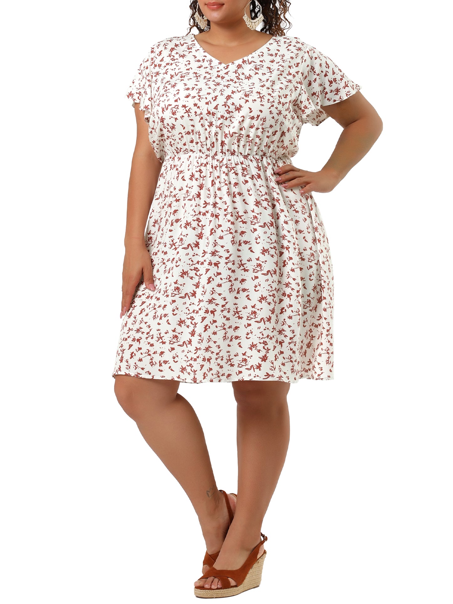 Women Plus Size Summer V Neck Flare Sleeve Sundress Peplum Midi Ruffle Dress