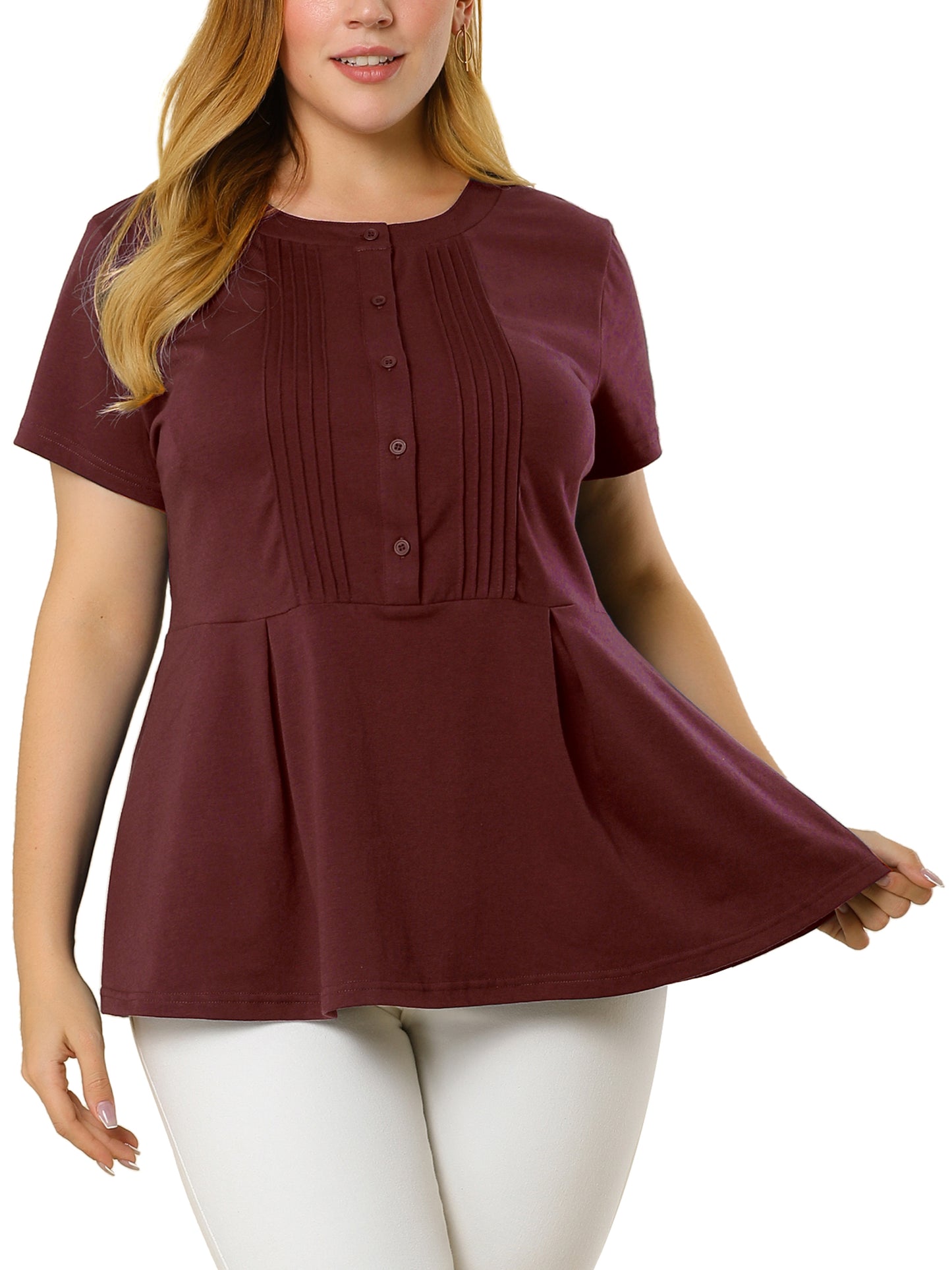 Women Plus Size Peplum Shirt Summer Round Neck Short Sleeve Work Top