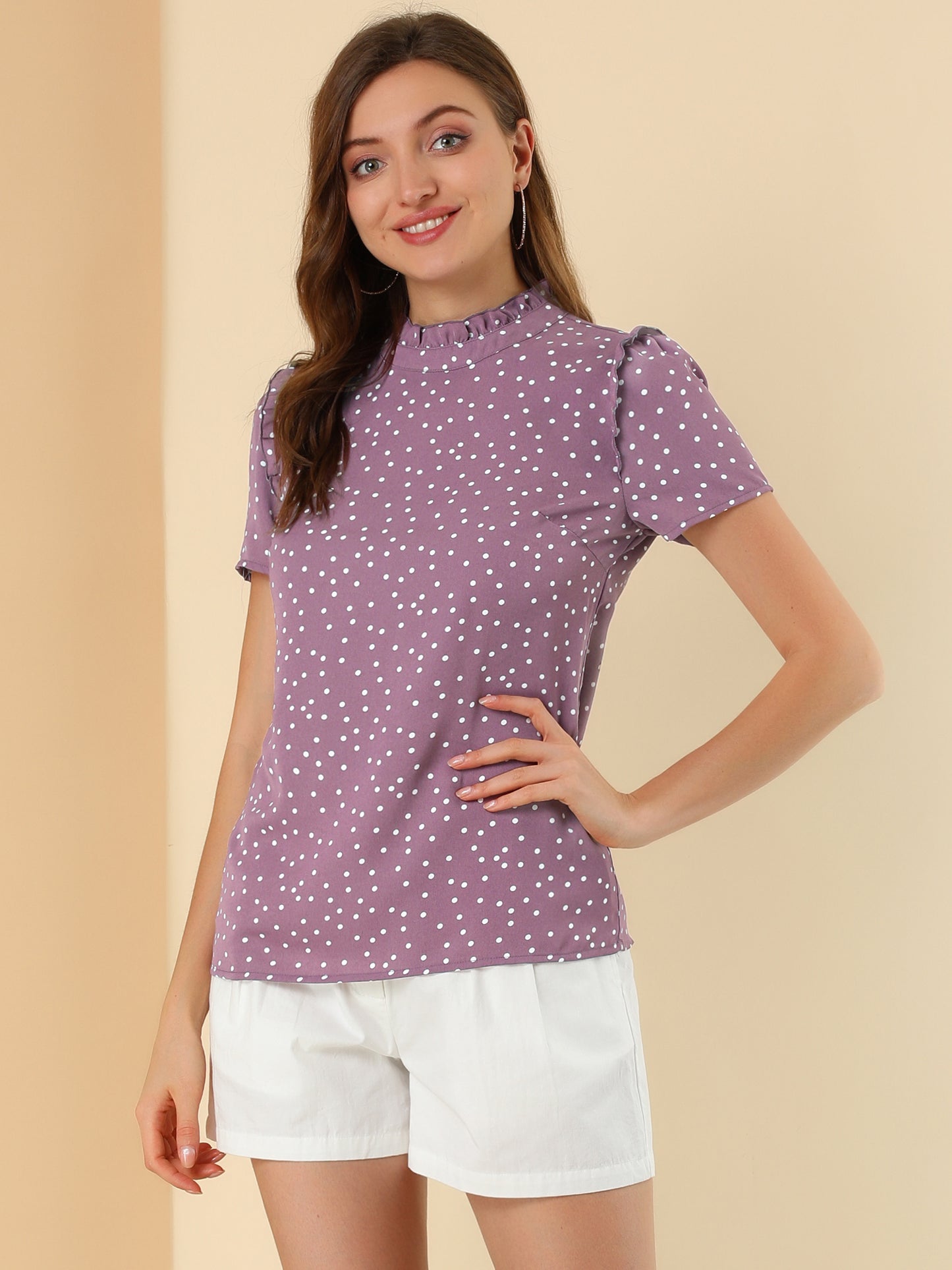 Women's Ruffled Retro Short Sleeve Polka Dots Blouse