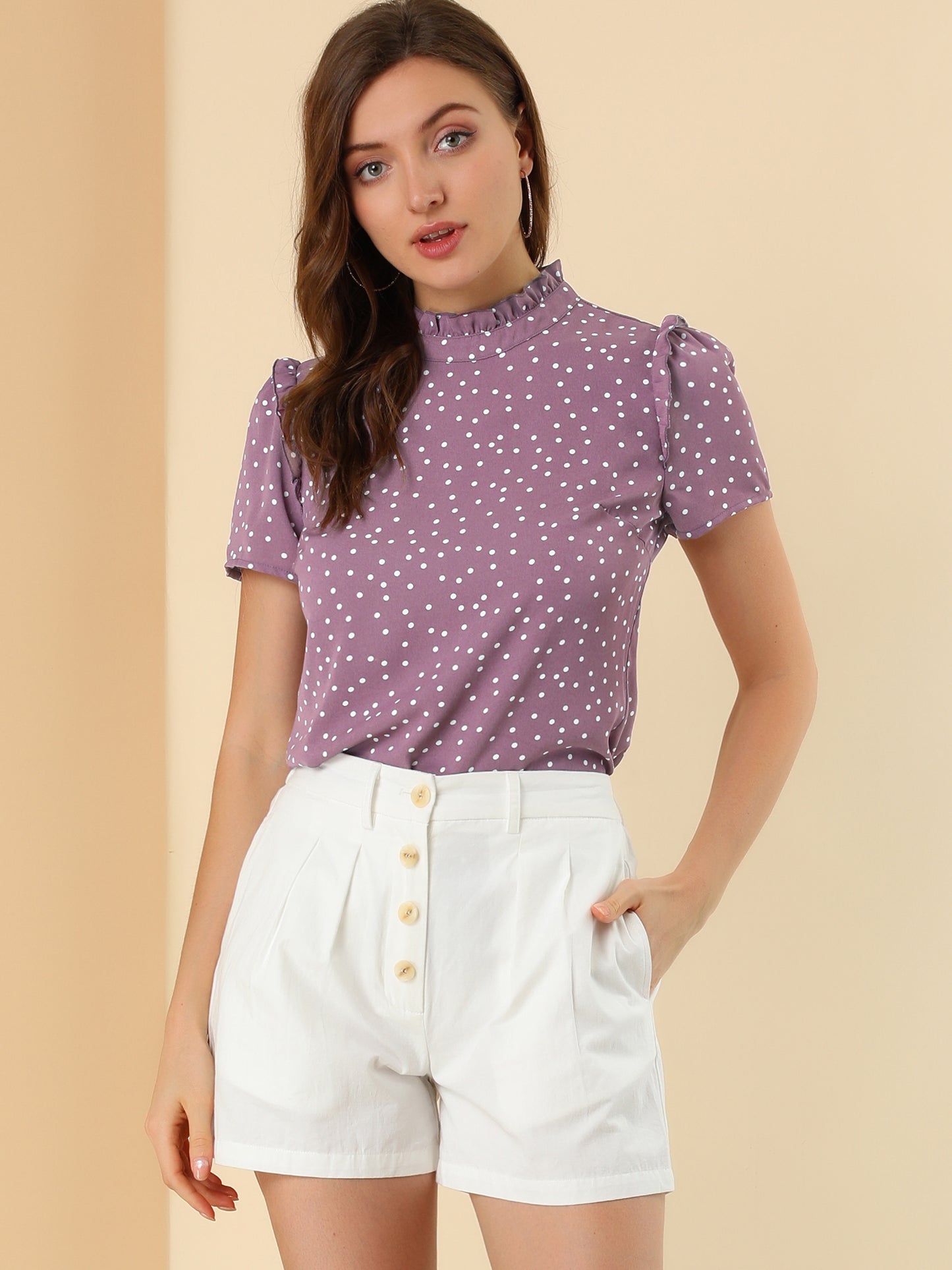Women's Ruffled Retro Short Sleeve Polka Dots Blouse