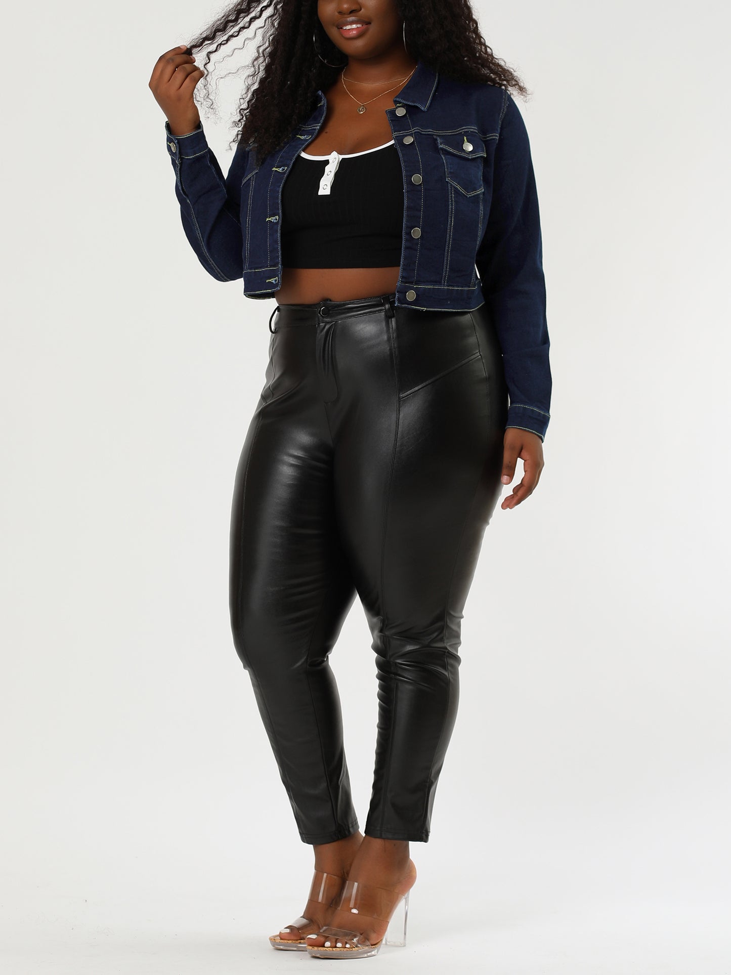 Women's Plus Size Button Closed Cropped Stitching Denim Jacket