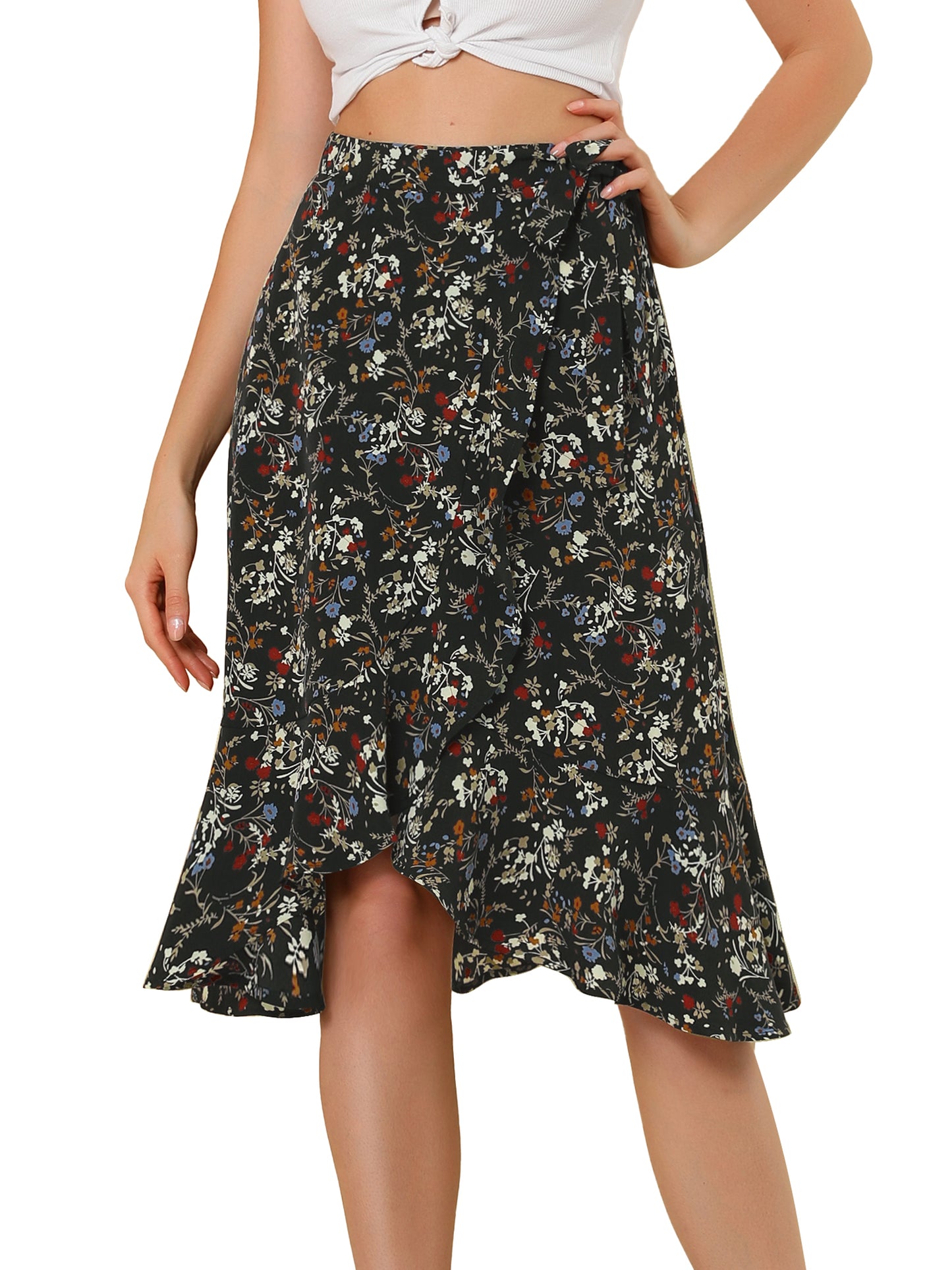 Women's Floral Printed Self Tie Knot High-Low Ruffle Hem Wrap Skirt