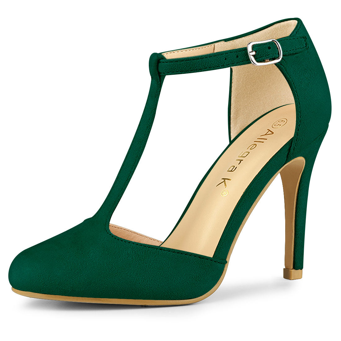 Zapatos de vestir con tiras en T, tacón de aguja y punta redondeada para mujer