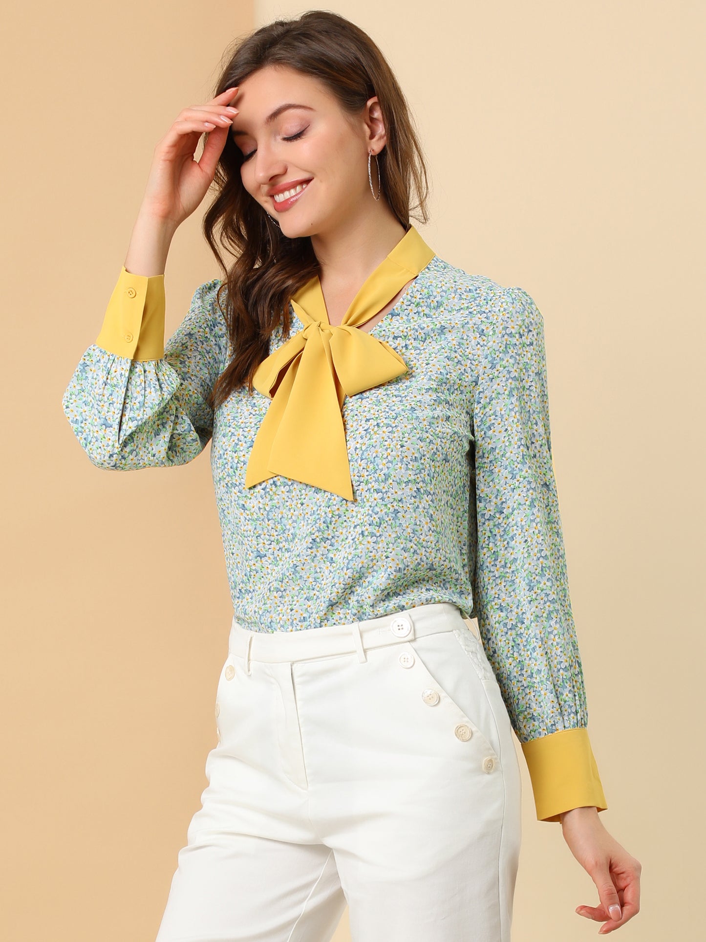 Women's Bow Tie Long Sleeve Floral Blouse