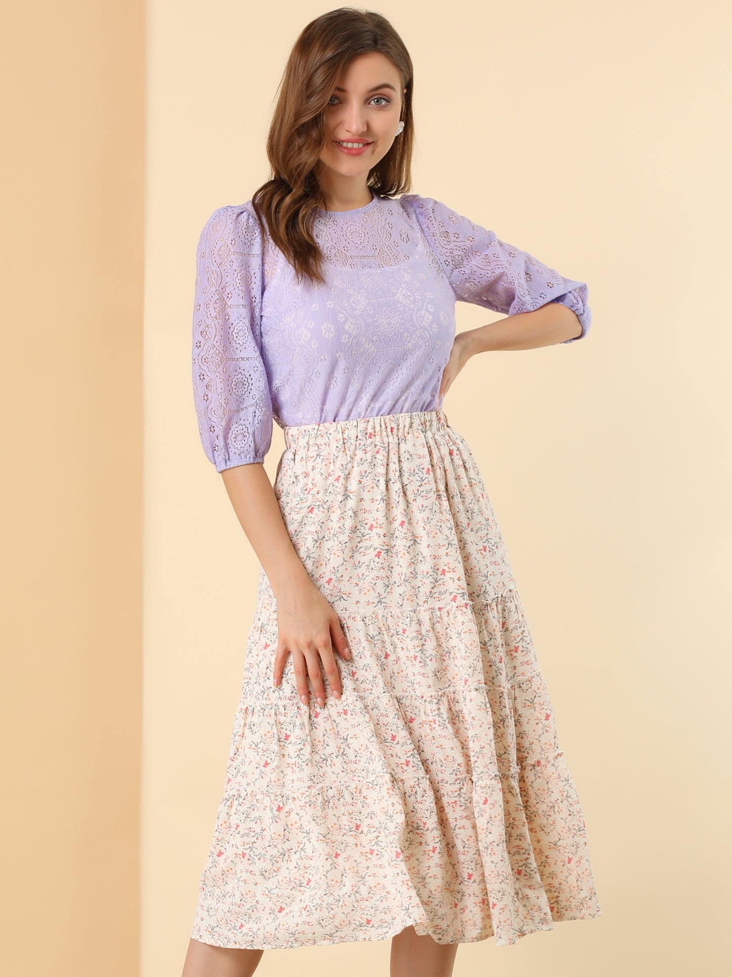 Women's 3/4 Lantern Sleeve Semi Sheer Lace Top