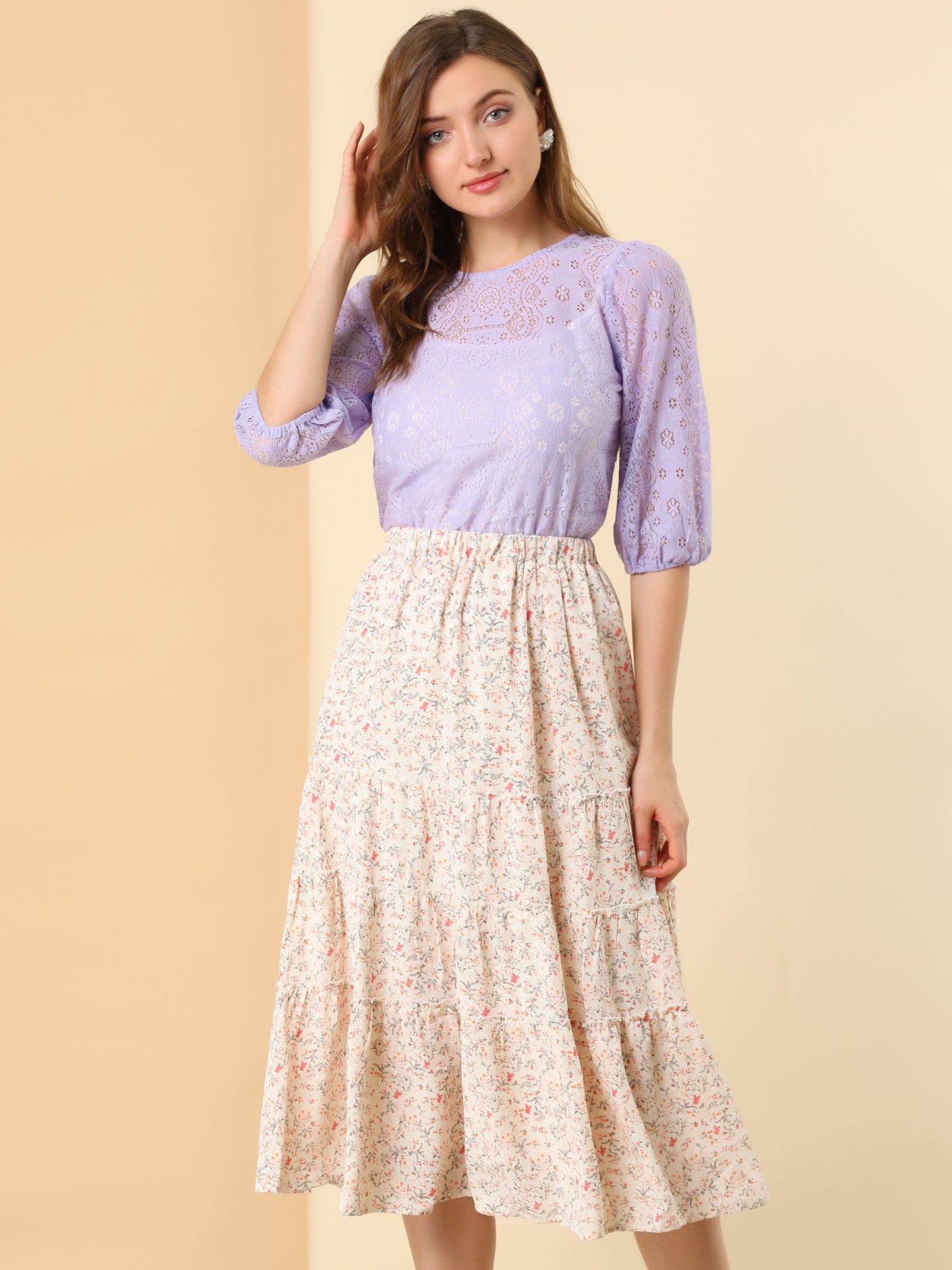 Women's 3/4 Lantern Sleeve Semi Sheer Lace Top