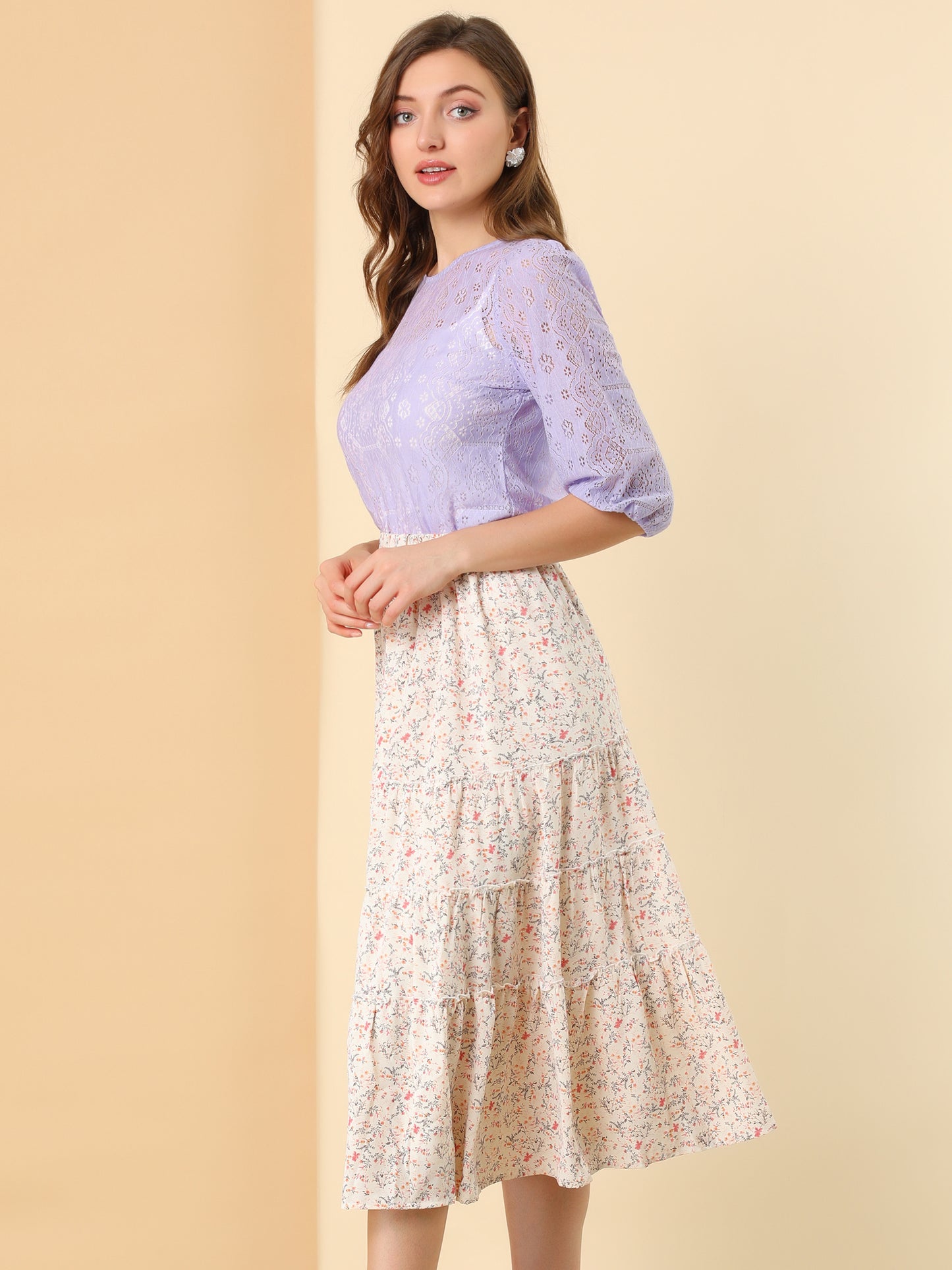 Women's 3/4 Lantern Sleeve Semi Sheer Lace Top