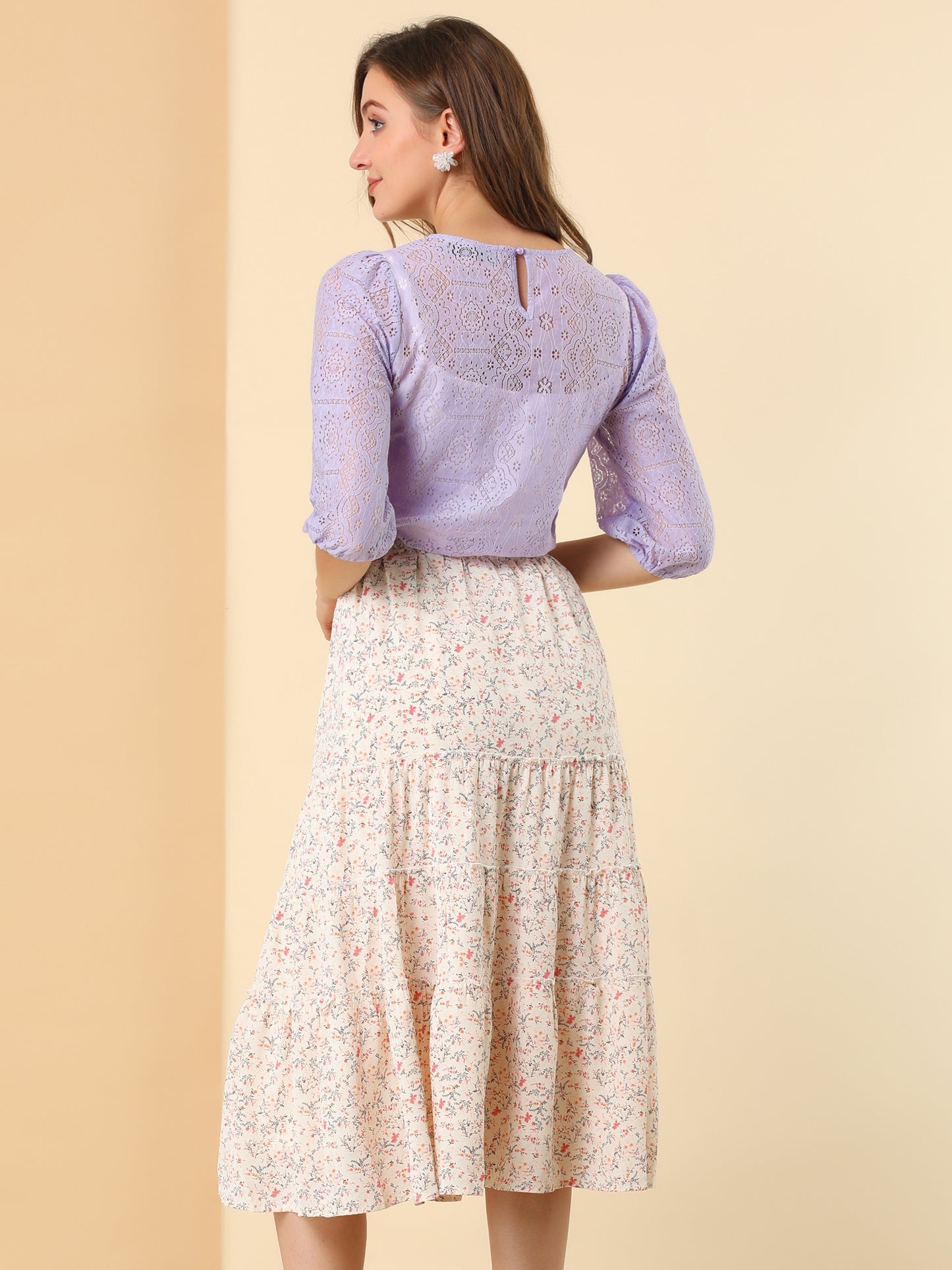 Women's 3/4 Lantern Sleeve Semi Sheer Lace Top