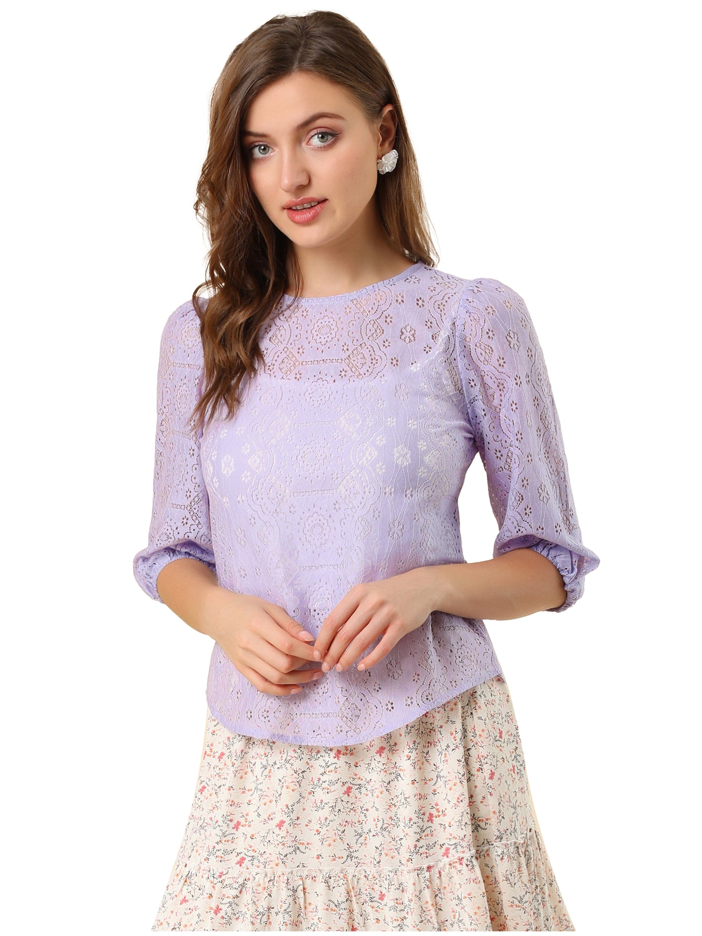 Women's 3/4 Lantern Sleeve Semi Sheer Lace Top