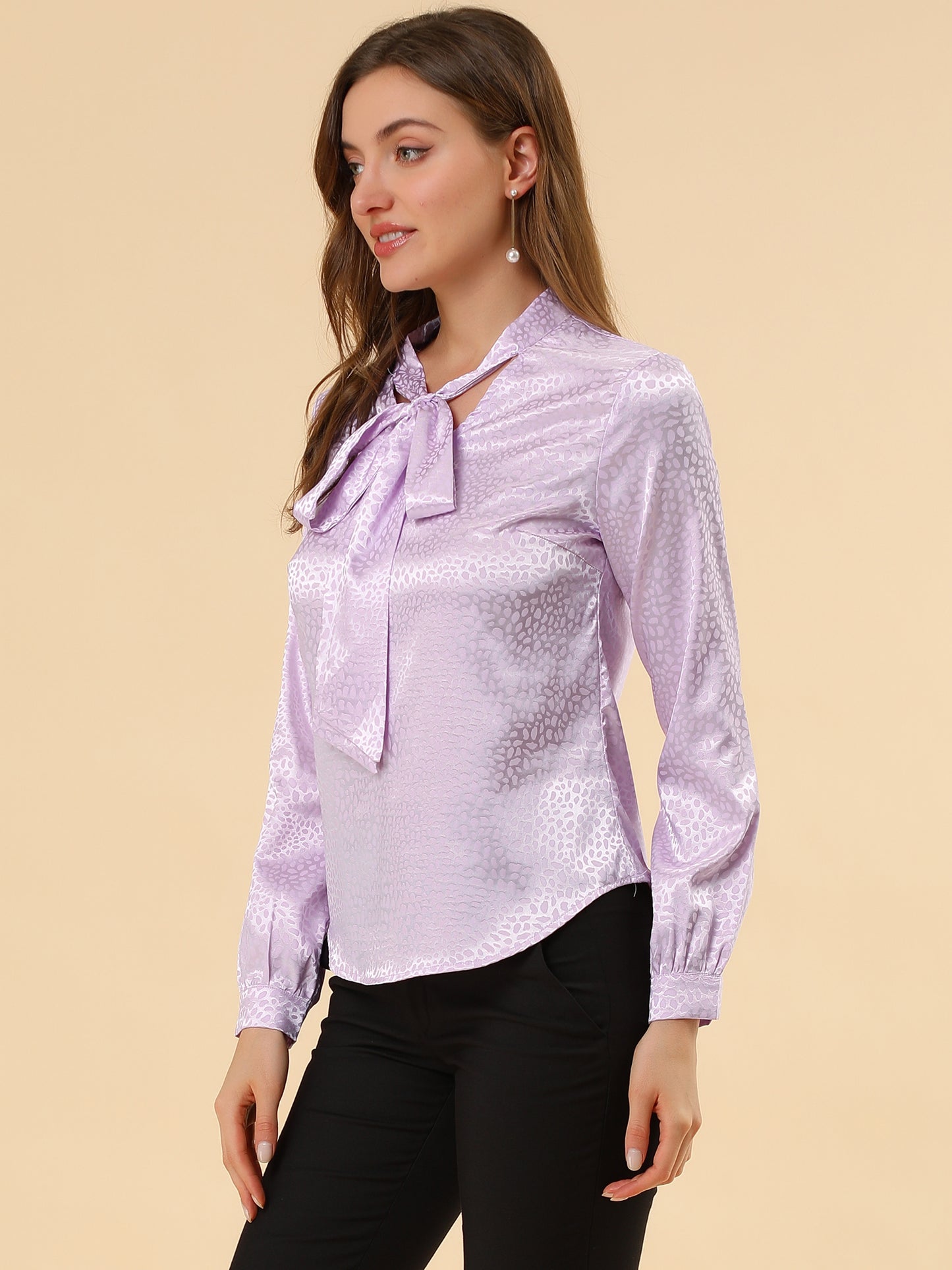 Women's Bow Tie Neck Long Sleeve Printed Satin Embossed Blouse
