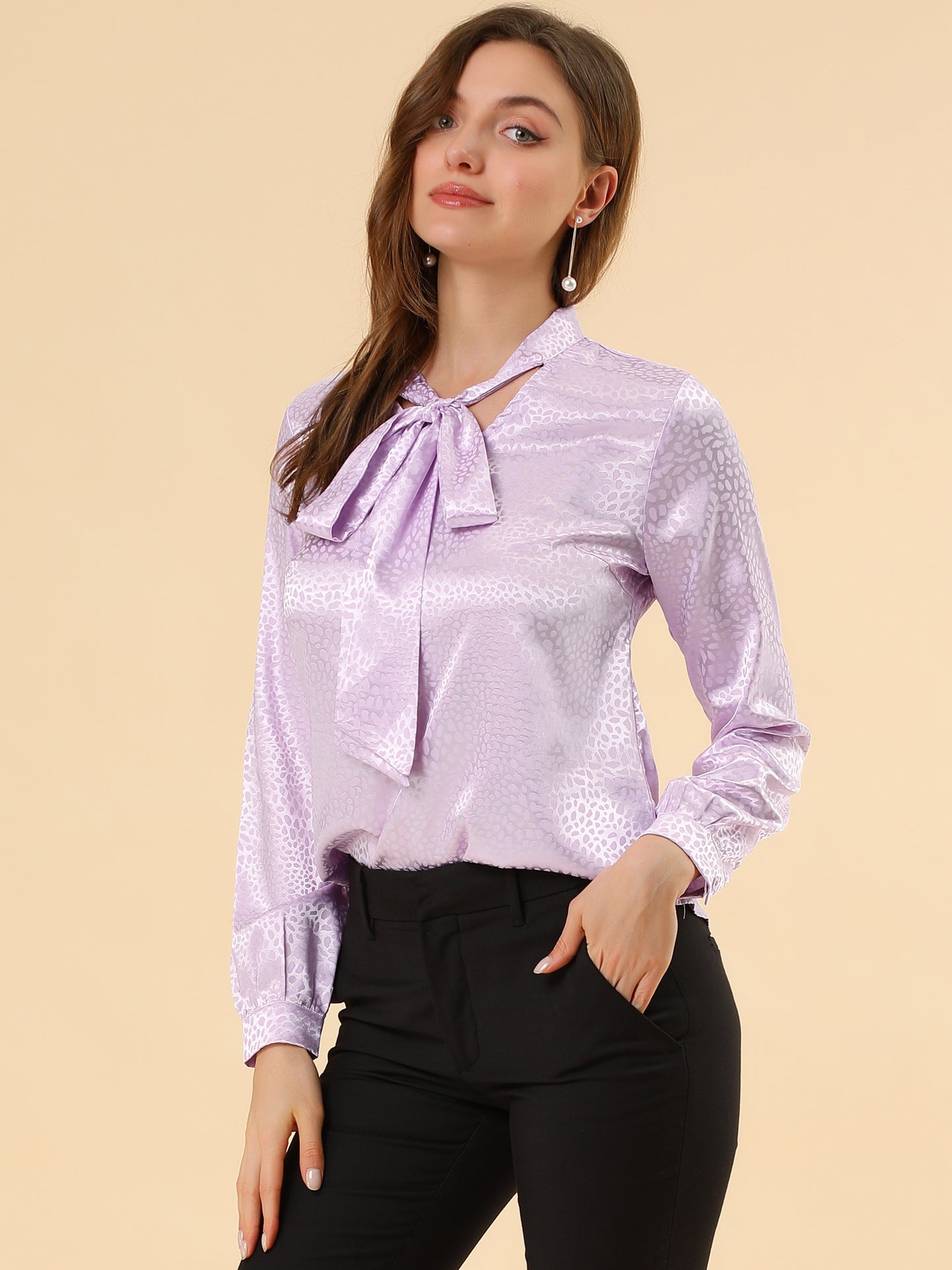 Women's Bow Tie Neck Long Sleeve Printed Satin Embossed Blouse