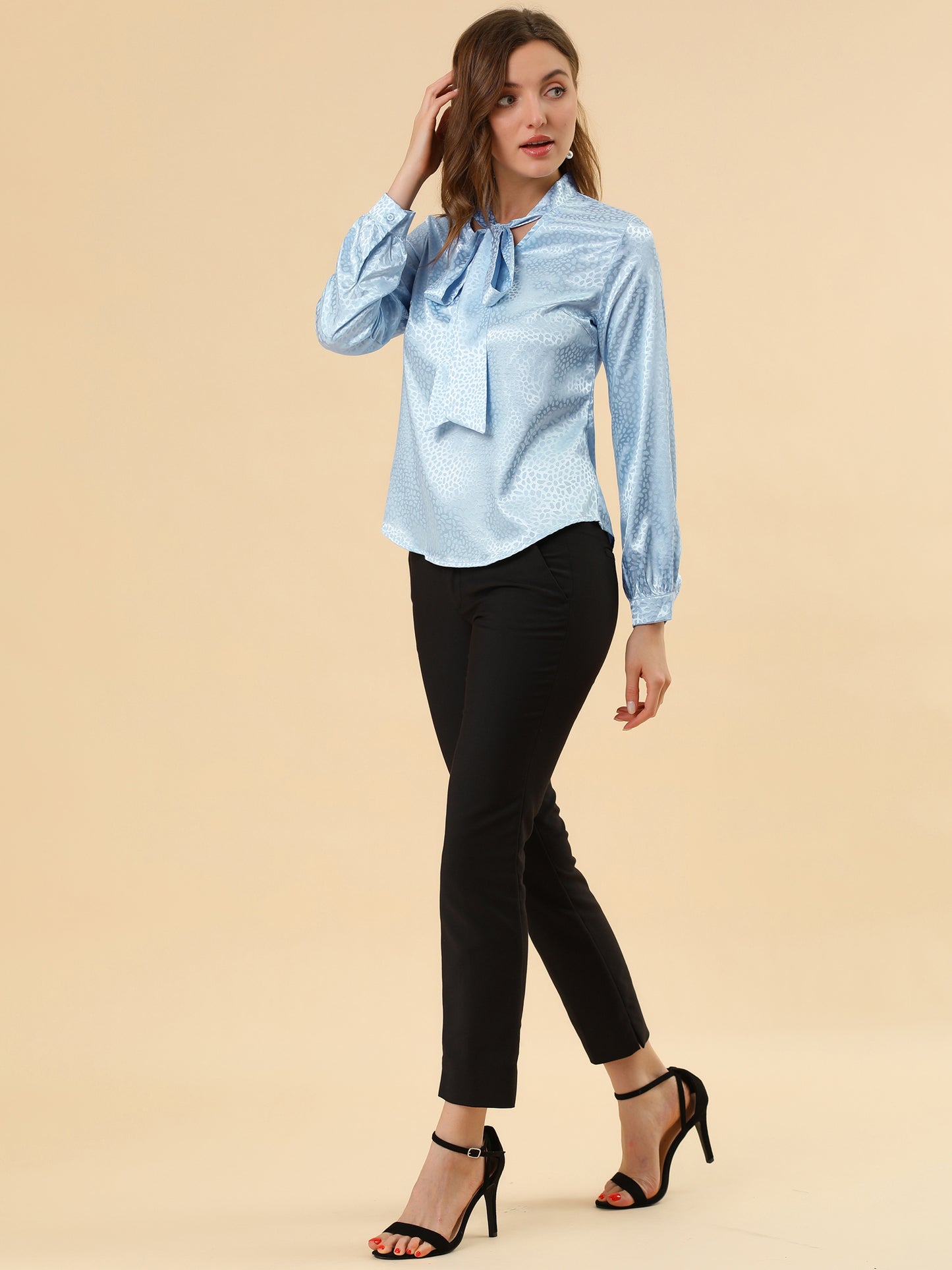 Women's Bow Tie Neck Long Sleeve Printed Satin Embossed Blouse