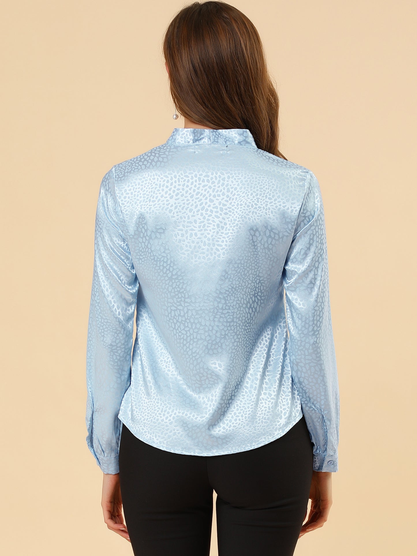 Women's Bow Tie Neck Long Sleeve Printed Satin Embossed Blouse