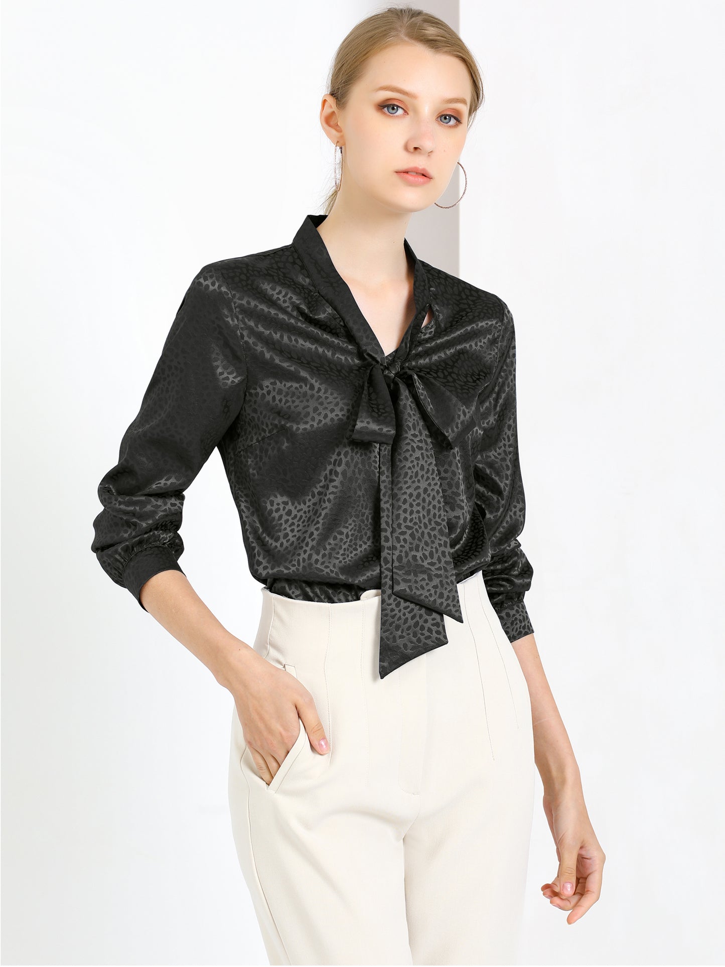 Women's Bow Tie Neck Long Sleeve Printed Satin Embossed Blouse