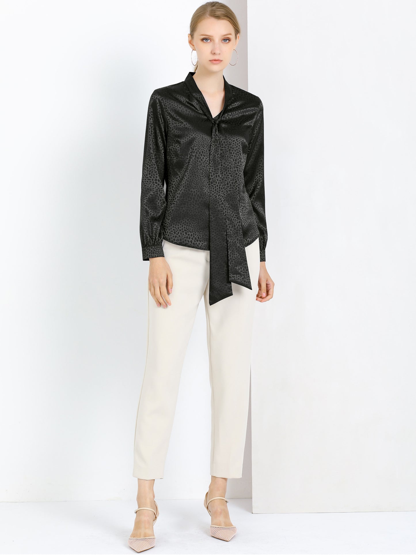 Women's Bow Tie Neck Long Sleeve Printed Satin Embossed Blouse