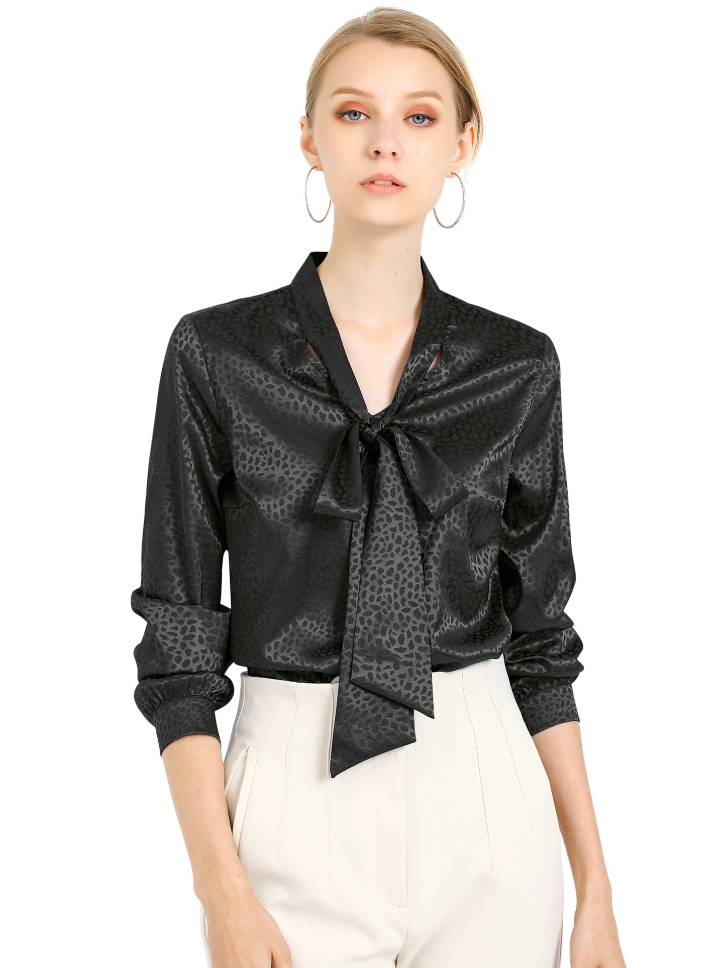 Women's Bow Tie Neck Long Sleeve Printed Satin Embossed Blouse