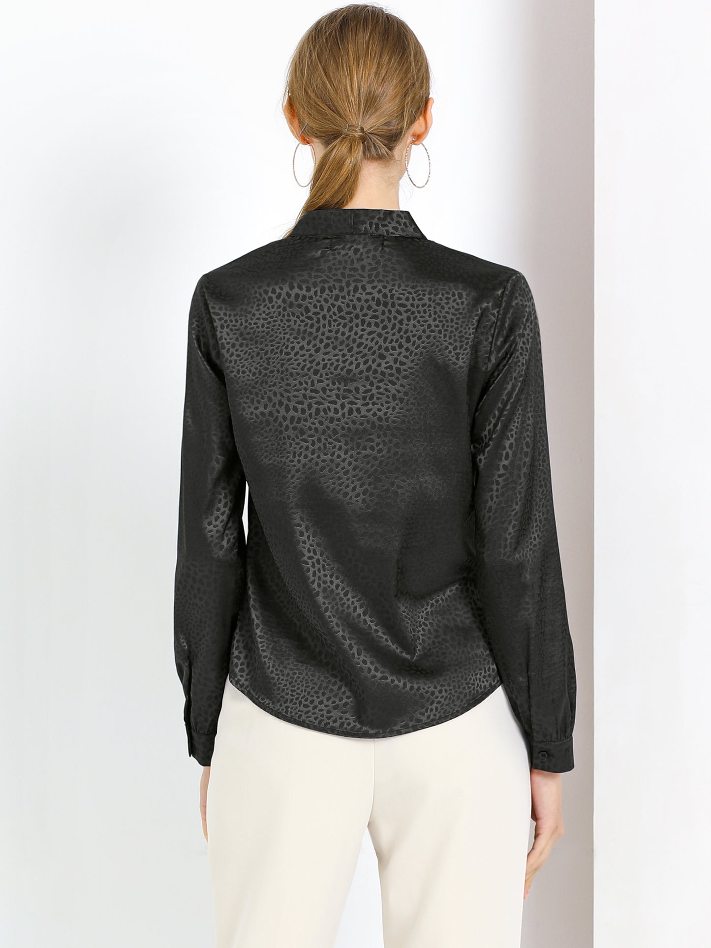 Women's Bow Tie Neck Long Sleeve Printed Satin Embossed Blouse