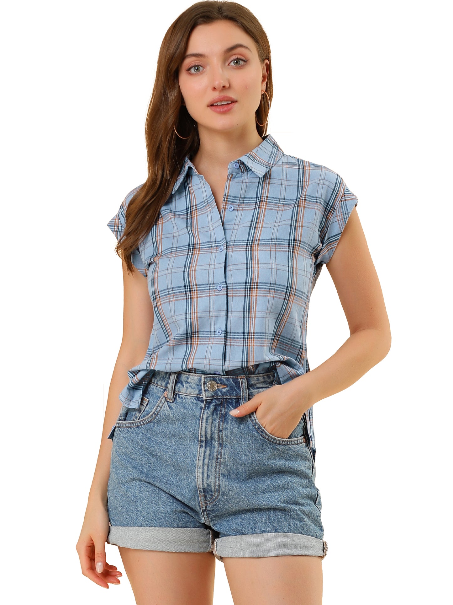 Women's Summer Plaid Cap Sleeves Button Down Shirt