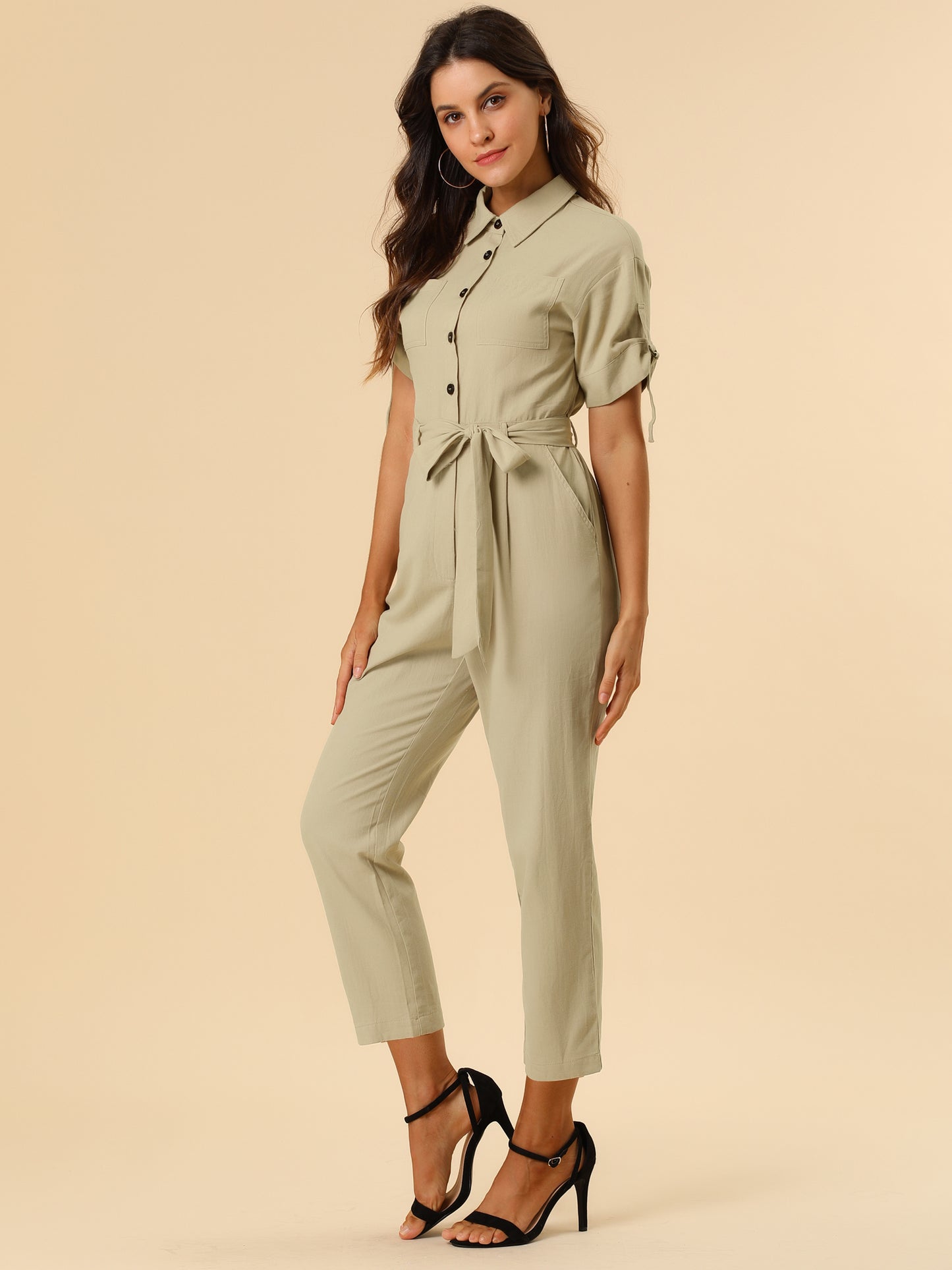 Women's Short Sleeve Collared Cropped Coverall Button Down Tie Waist Cotton Cargo Jumpsuit