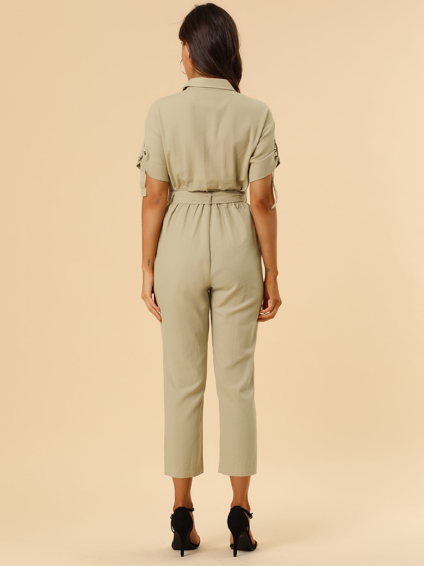 Women's Short Sleeve Collared Cropped Coverall Button Down Tie Waist Cotton Cargo Jumpsuit