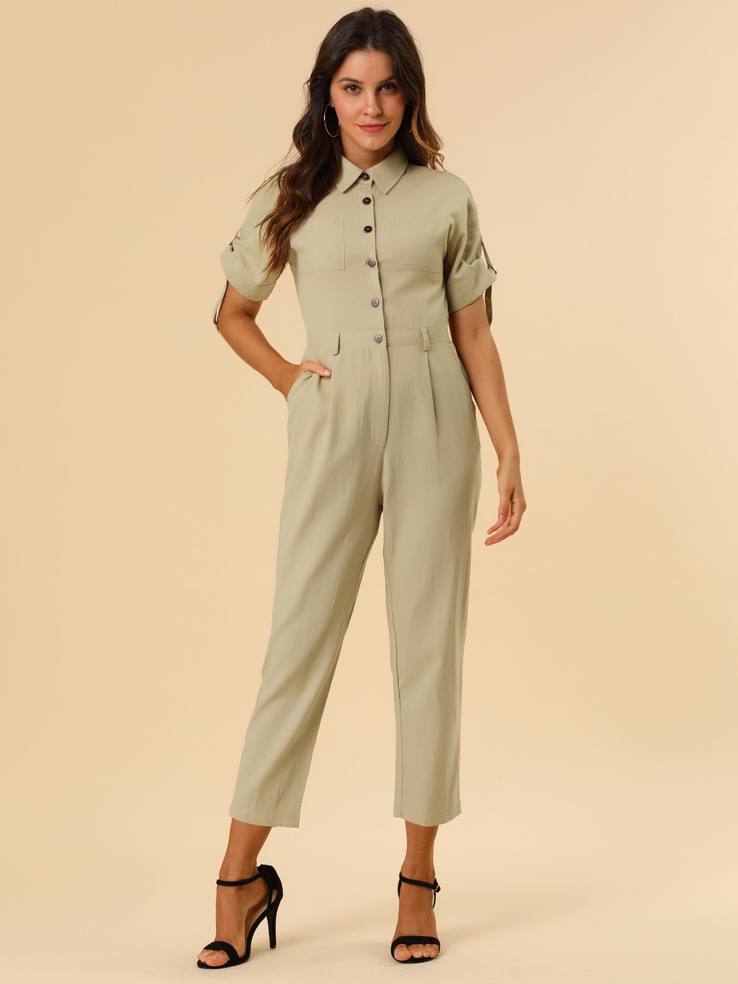 Women's Short Sleeve Collared Cropped Coverall Button Down Tie Waist Cotton Cargo Jumpsuit