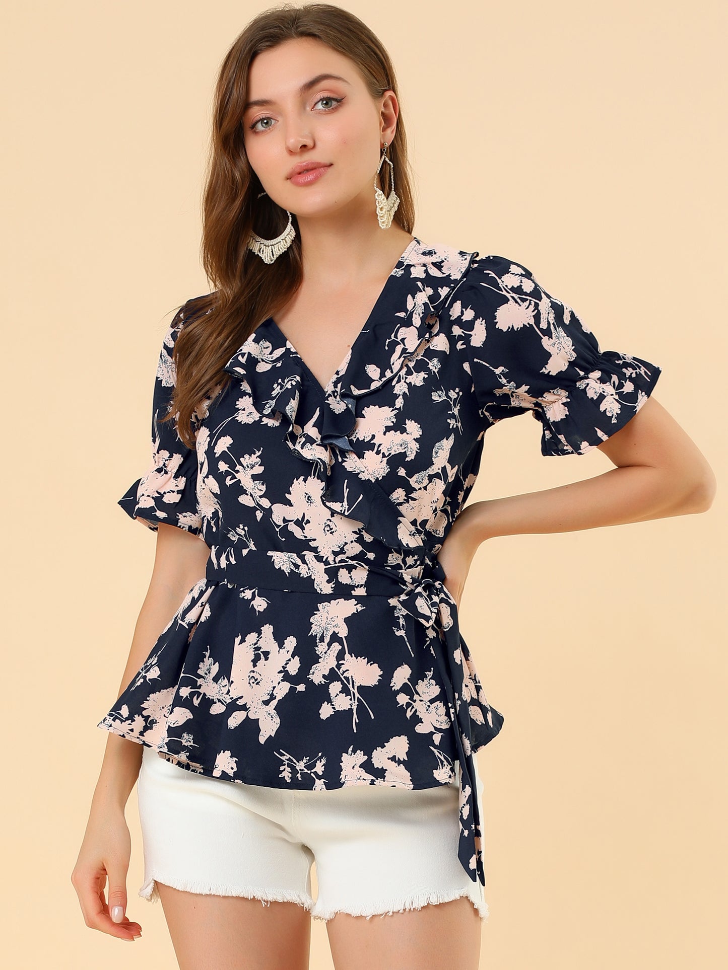 Women's Wrap Blouse Floral Short Sleeve Ruffle V Neck Belted Peplum Top (Available in Plus Size)
