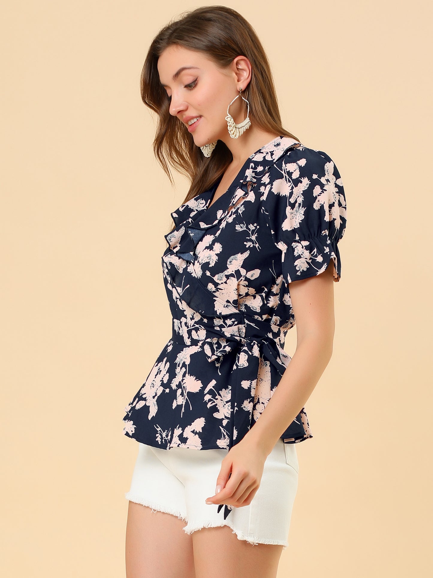 Women's Wrap Blouse Floral Short Sleeve Ruffle V Neck Belted Peplum Top (Available in Plus Size)