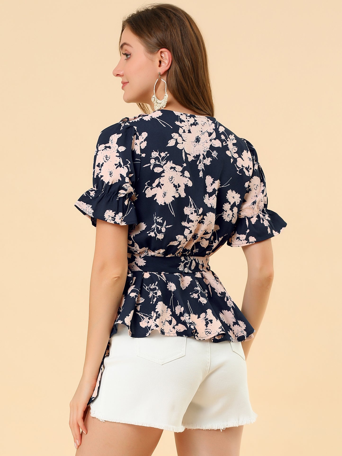 Women's Wrap Blouse Floral Short Sleeve Ruffle V Neck Belted Peplum Top (Available in Plus Size)