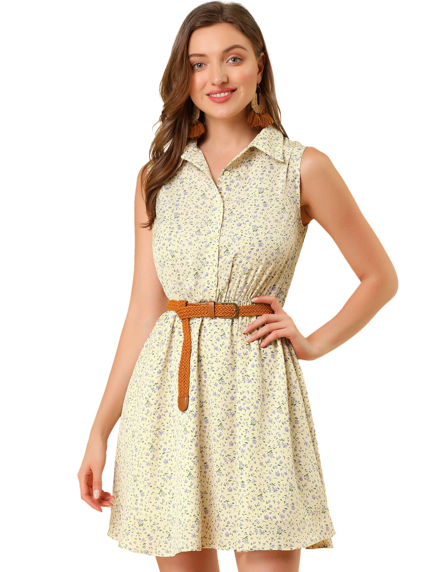 Women's Floral Printed Half Placket Above Knee Summer Sleeveless Belted Dress