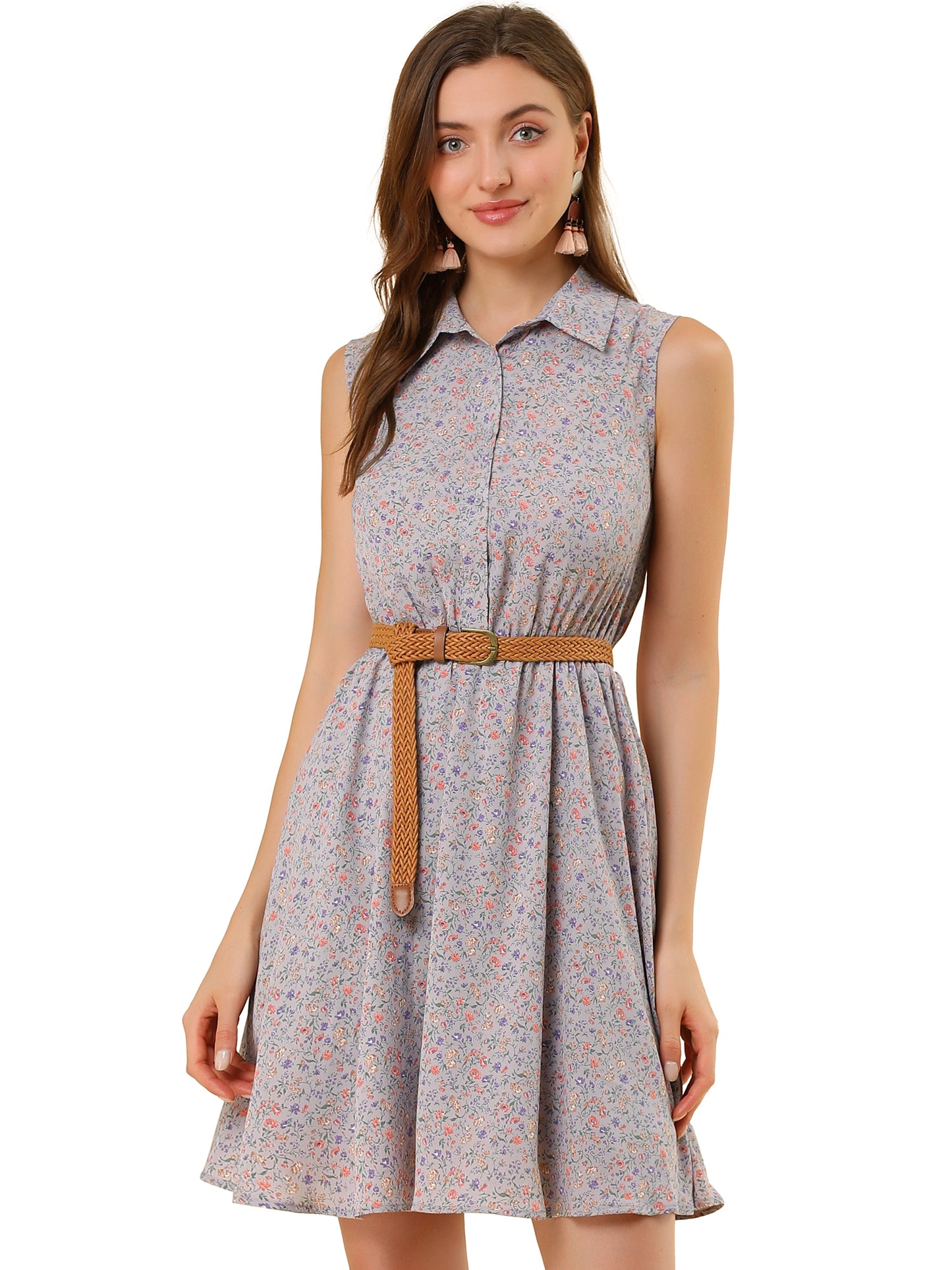 Women's Floral Printed Half Placket Above Knee Summer Sleeveless Belted Dress
