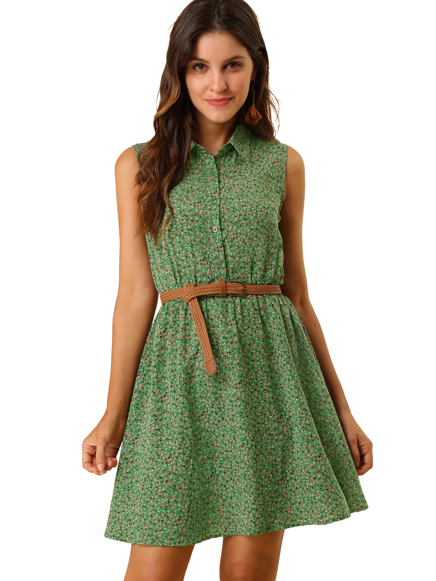 Women's Floral Printed Half Placket Above Knee Summer Sleeveless Belted Dress