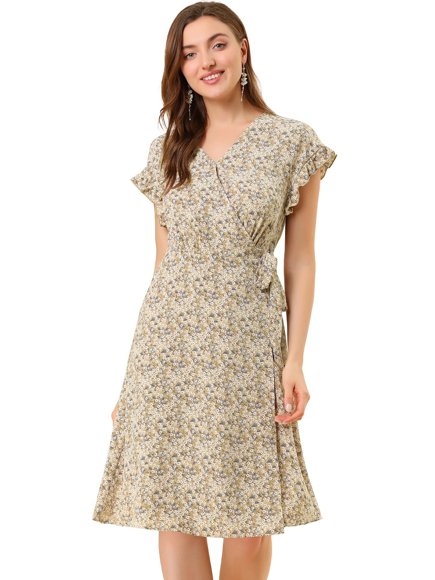 Women's Ditsy Floral Print V Neck Ruffle Flutter Sleeve Belted Midi Wrap Dress