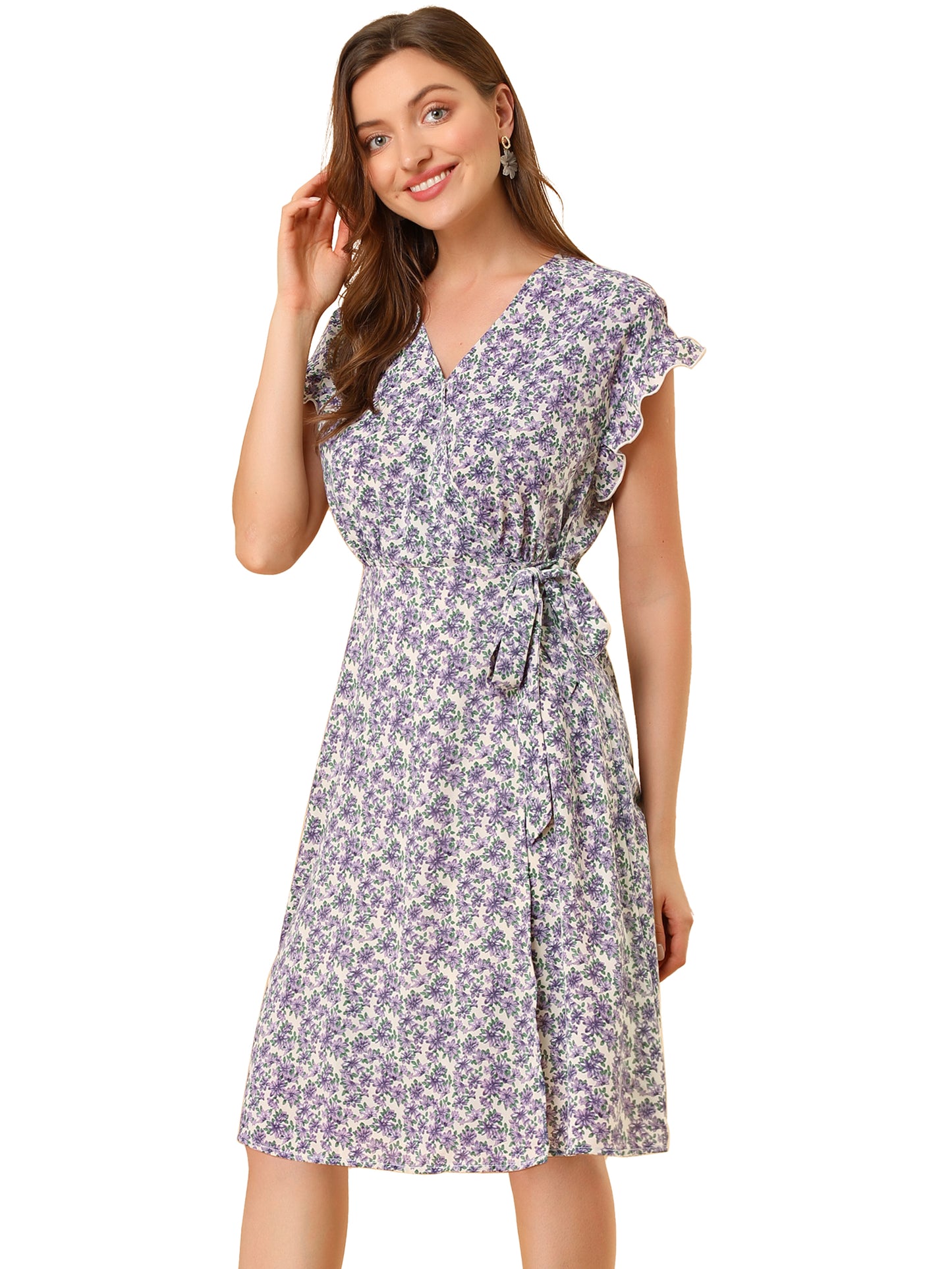 Women's Ditsy Floral Print V Neck Ruffle Flutter Sleeve Belted Midi Wrap Dress