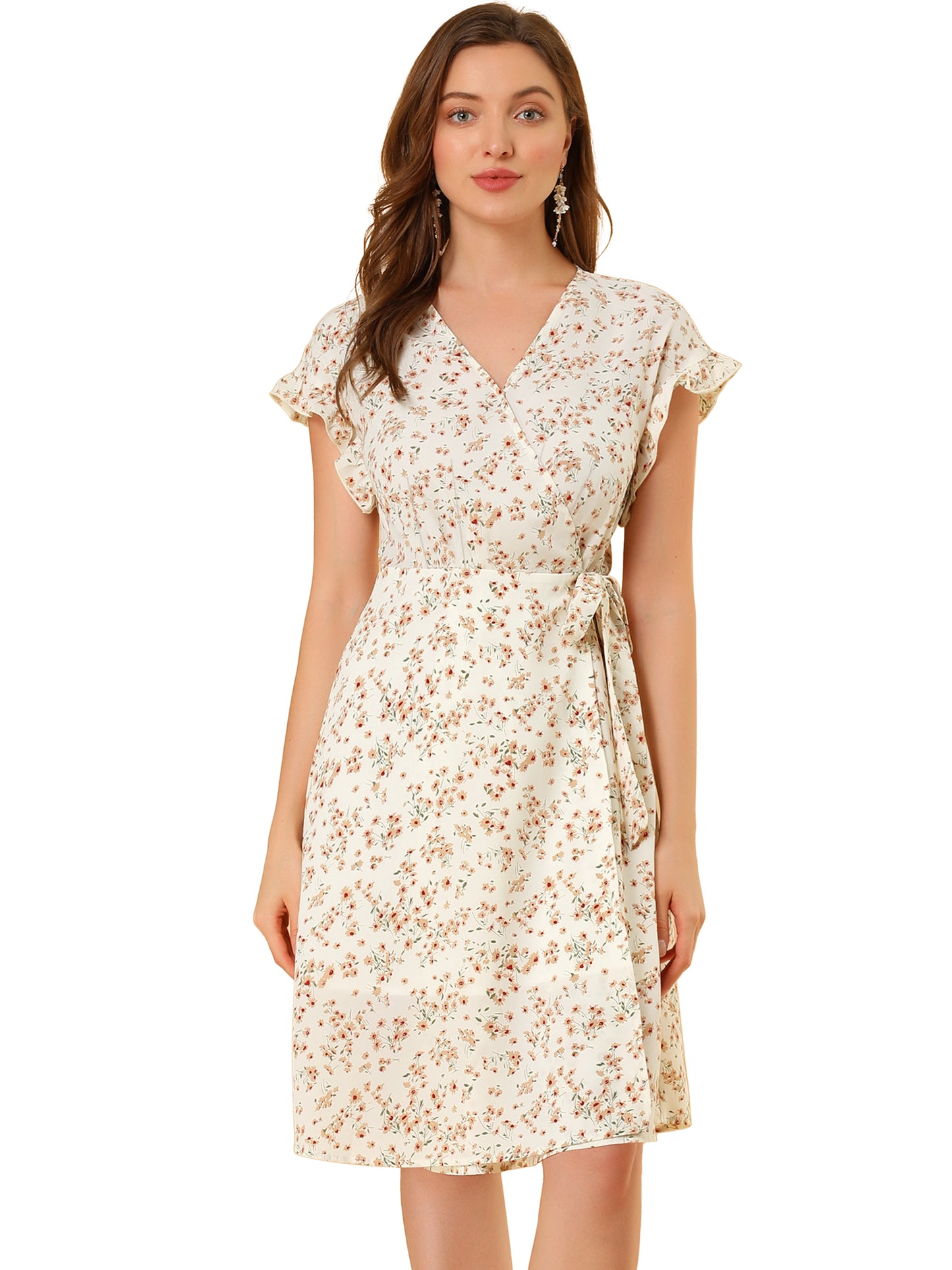 Women's Ditsy Floral Print V Neck Ruffle Flutter Sleeve Belted Midi Wrap Dress