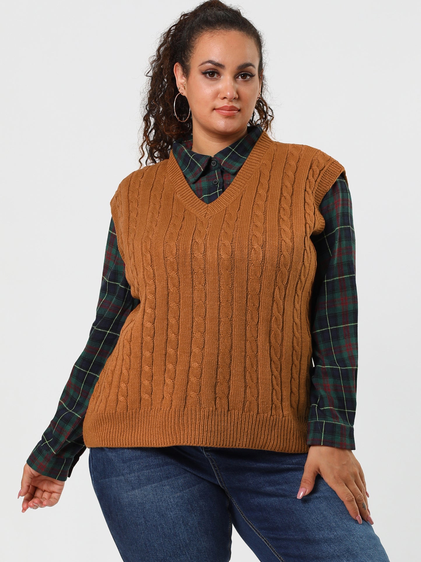 Women's Plus Size Sweater Vest V Neck Cable Knit Sweater Sleeveless Pullover Sweater Vests