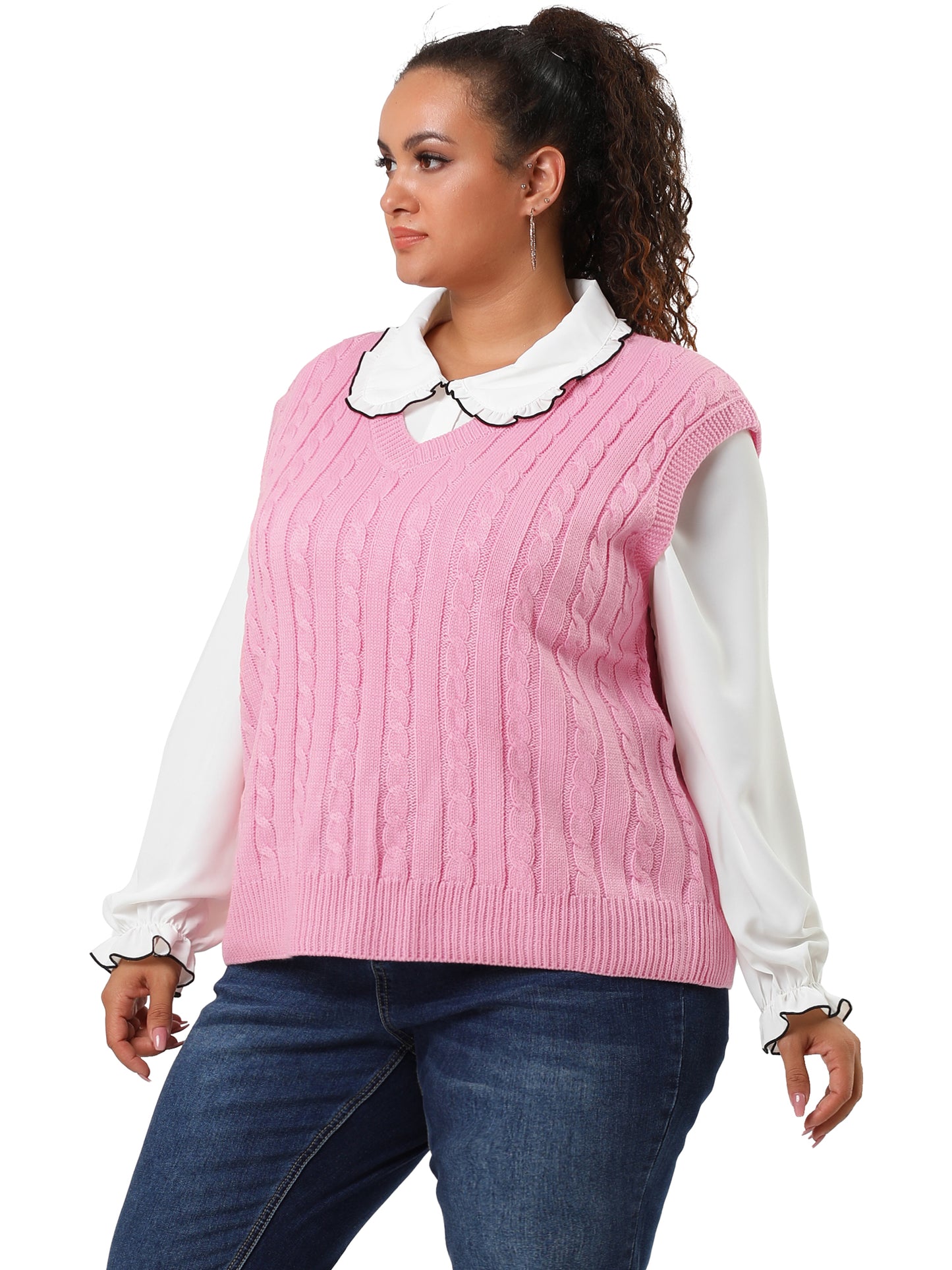 Women's Plus Size Sweater Vest V Neck Cable Knit Sweater Sleeveless Pullover Sweater Vests