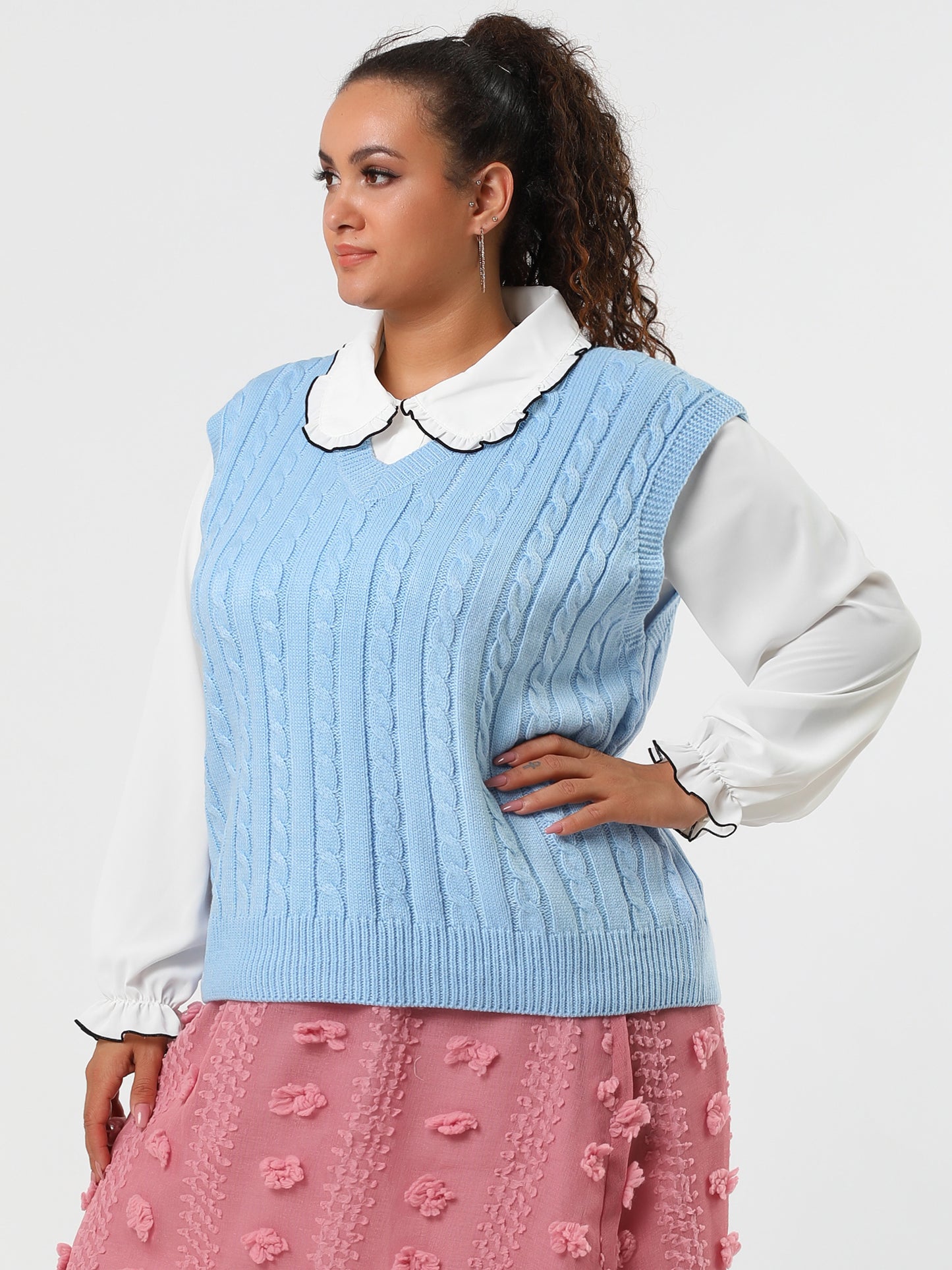 Women's Plus Size Sweater Vest V Neck Cable Knit Sweater Sleeveless Pullover Sweater Vests