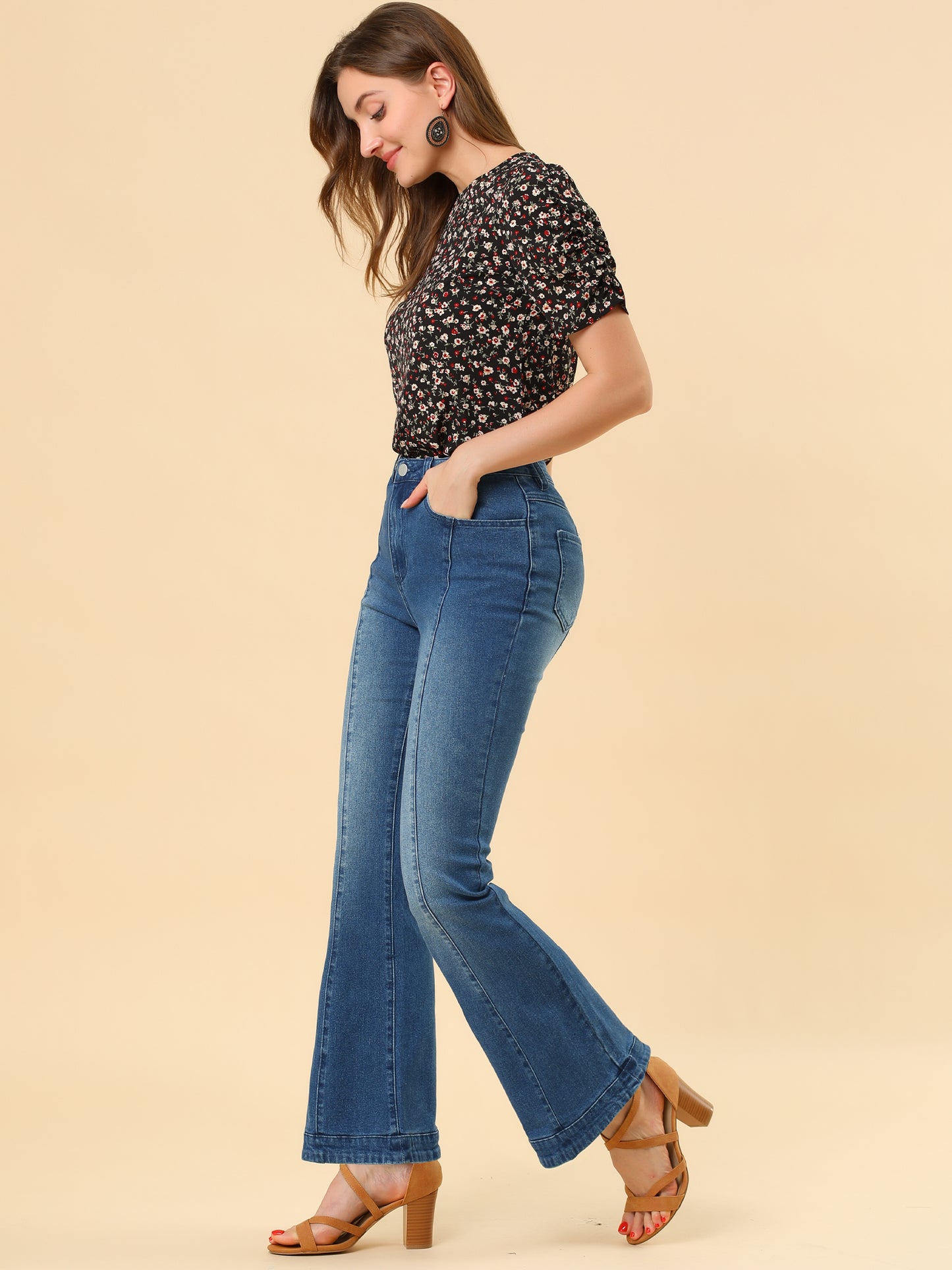 Women's High Waist Flare Jeans Retro Stretchy Denim Jean Pants Bell Bottom Jeans