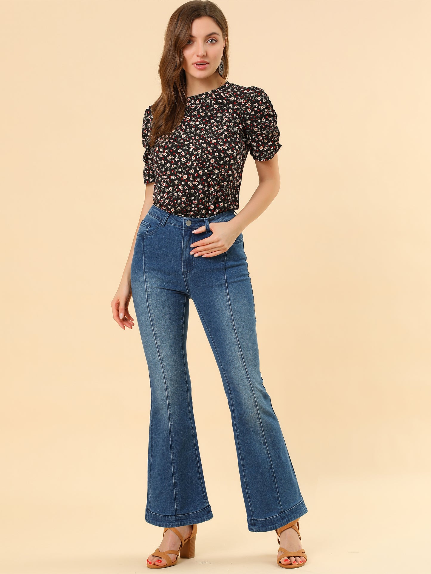 Women's High Waist Flare Jeans Retro Stretchy Denim Jean Pants Bell Bottom Jeans