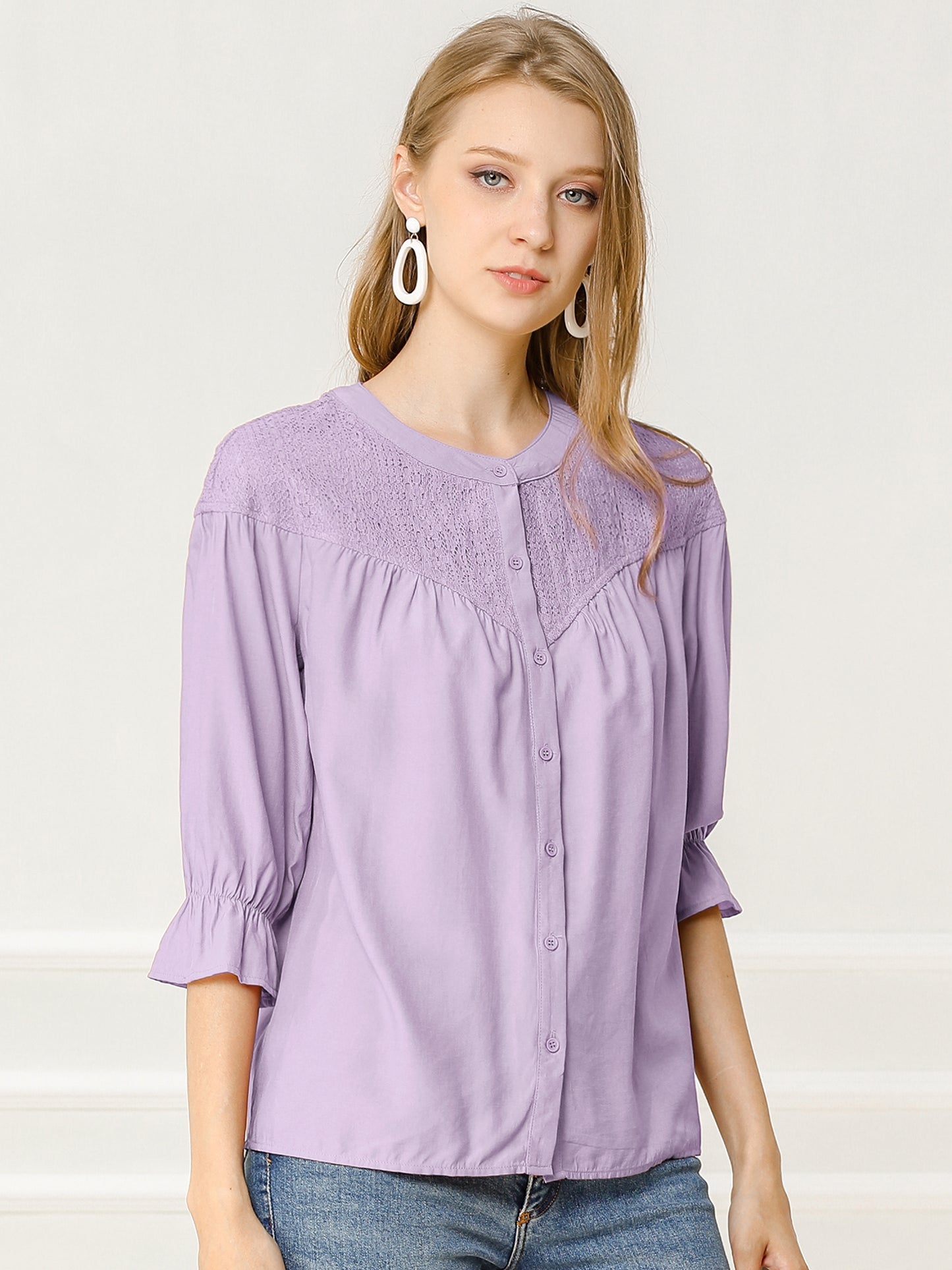Women's Lace Panel 3/4 Sleeve Round Neck Button Down Blouse