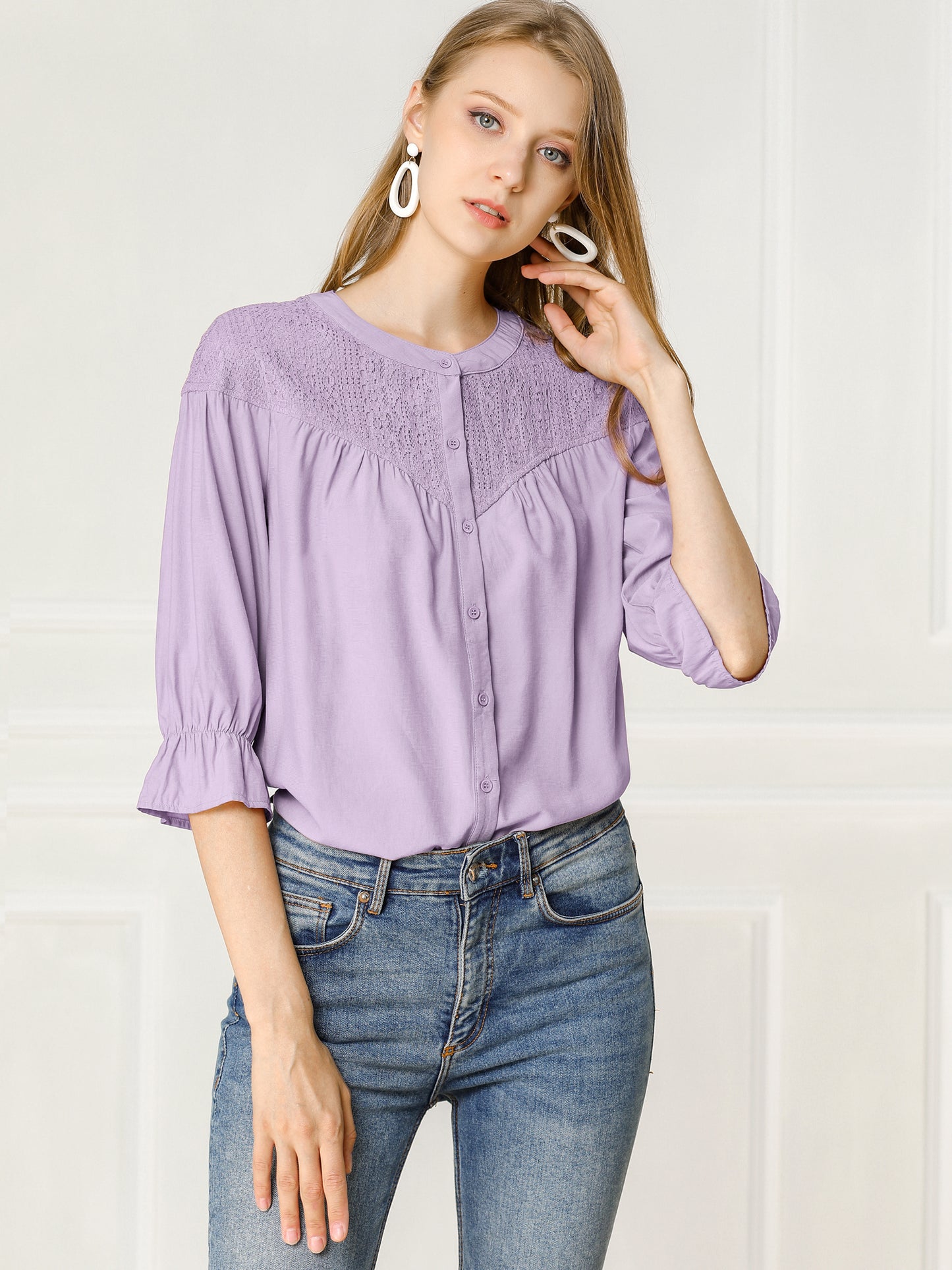 Women's Lace Panel 3/4 Sleeve Round Neck Button Down Blouse