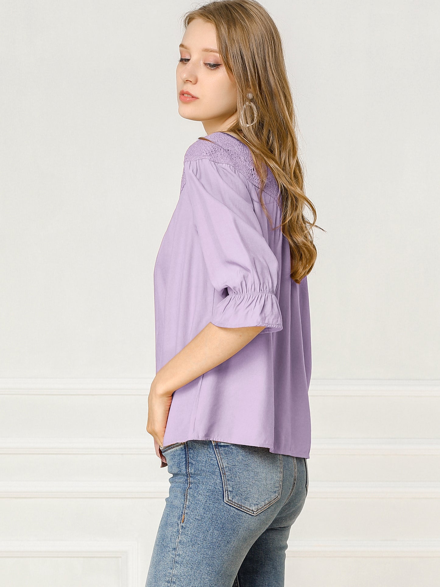 Women's Lace Panel 3/4 Sleeve Round Neck Button Down Blouse