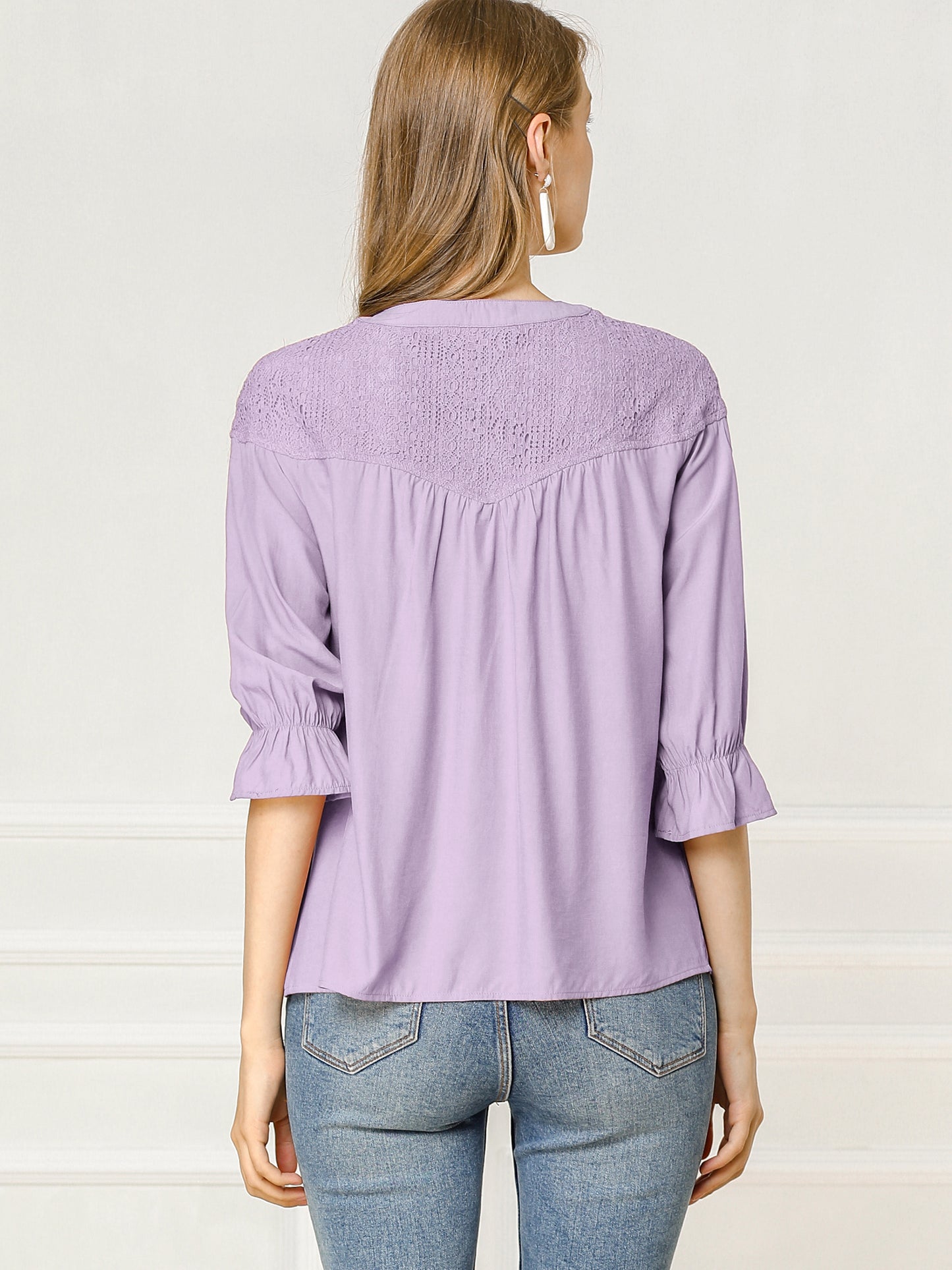 Women's Lace Panel 3/4 Sleeve Round Neck Button Down Blouse