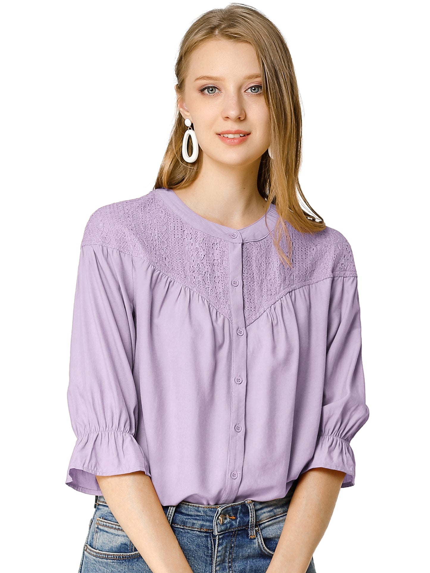 Women's Lace Panel 3/4 Sleeve Round Neck Button Down Blouse