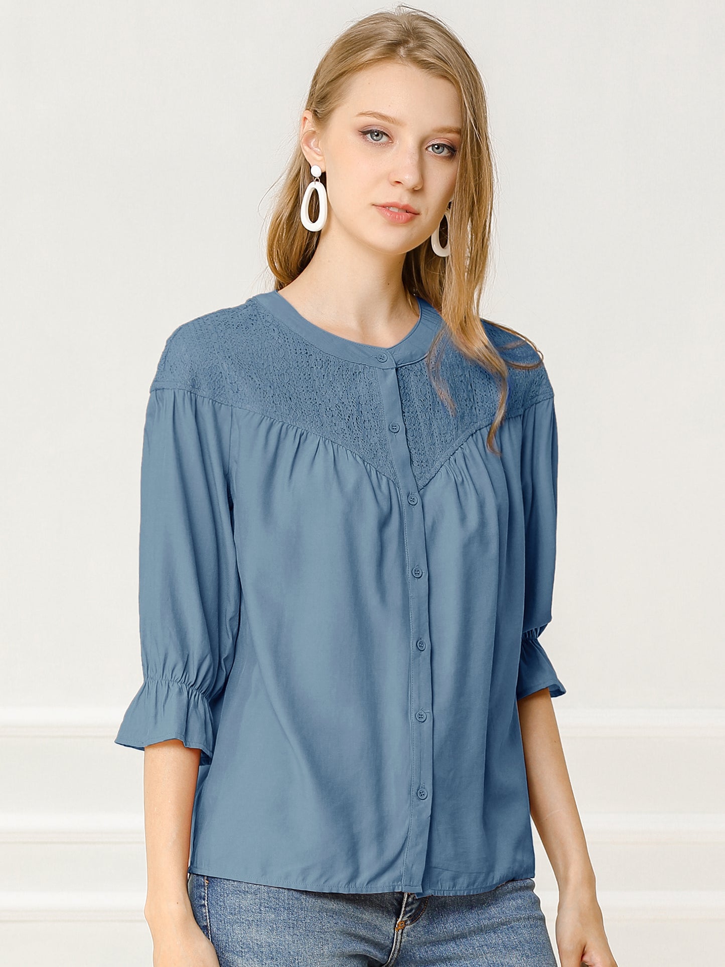Women's Lace Panel 3/4 Sleeve Round Neck Button Down Blouse