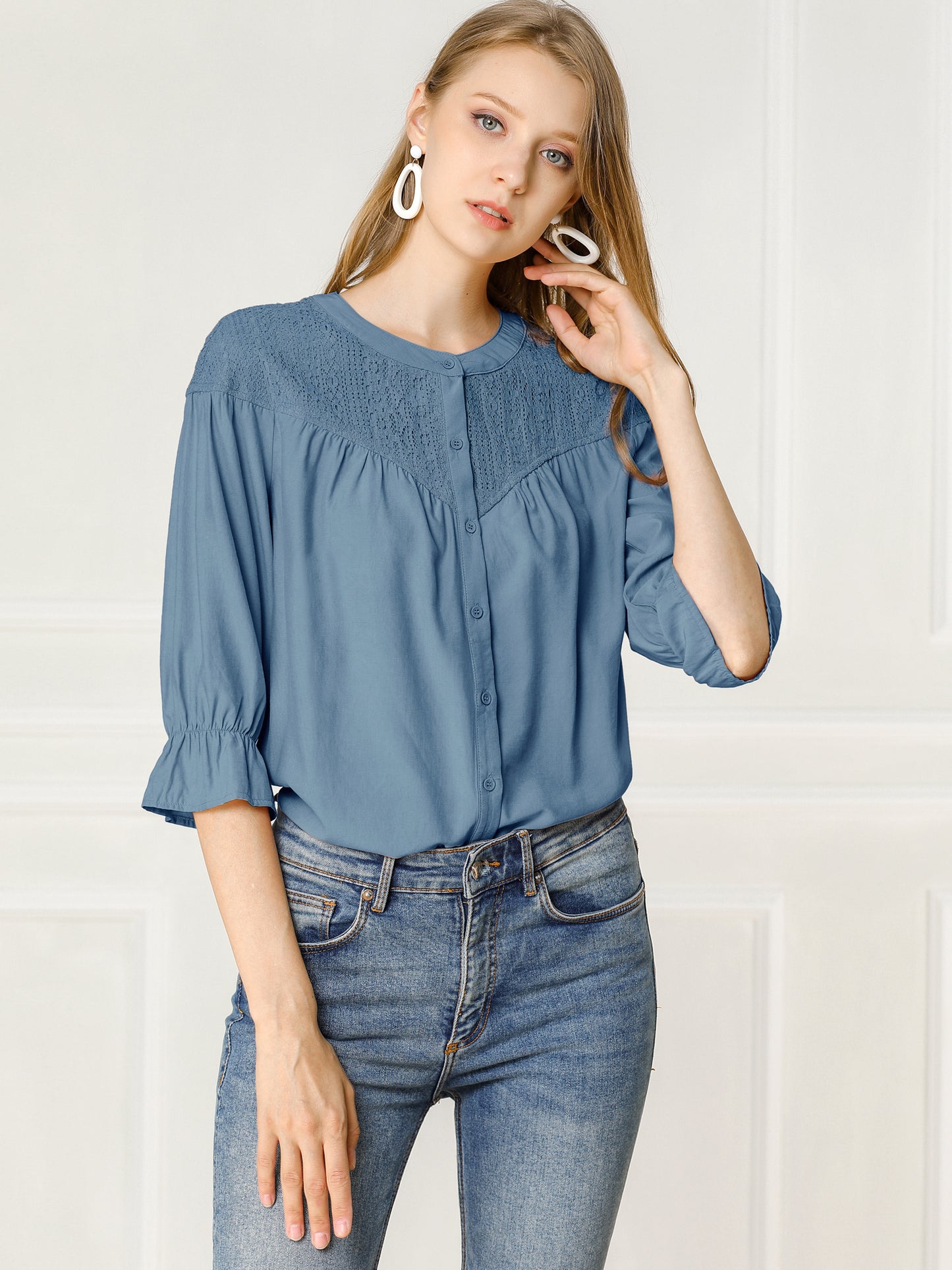 Women's Lace Panel 3/4 Sleeve Round Neck Button Down Blouse