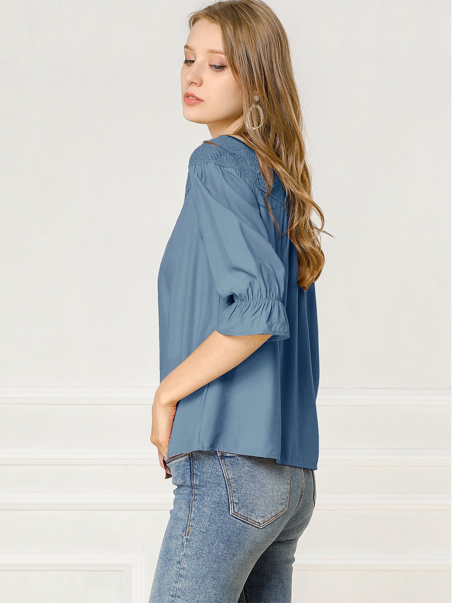 Women's Lace Panel 3/4 Sleeve Round Neck Button Down Blouse
